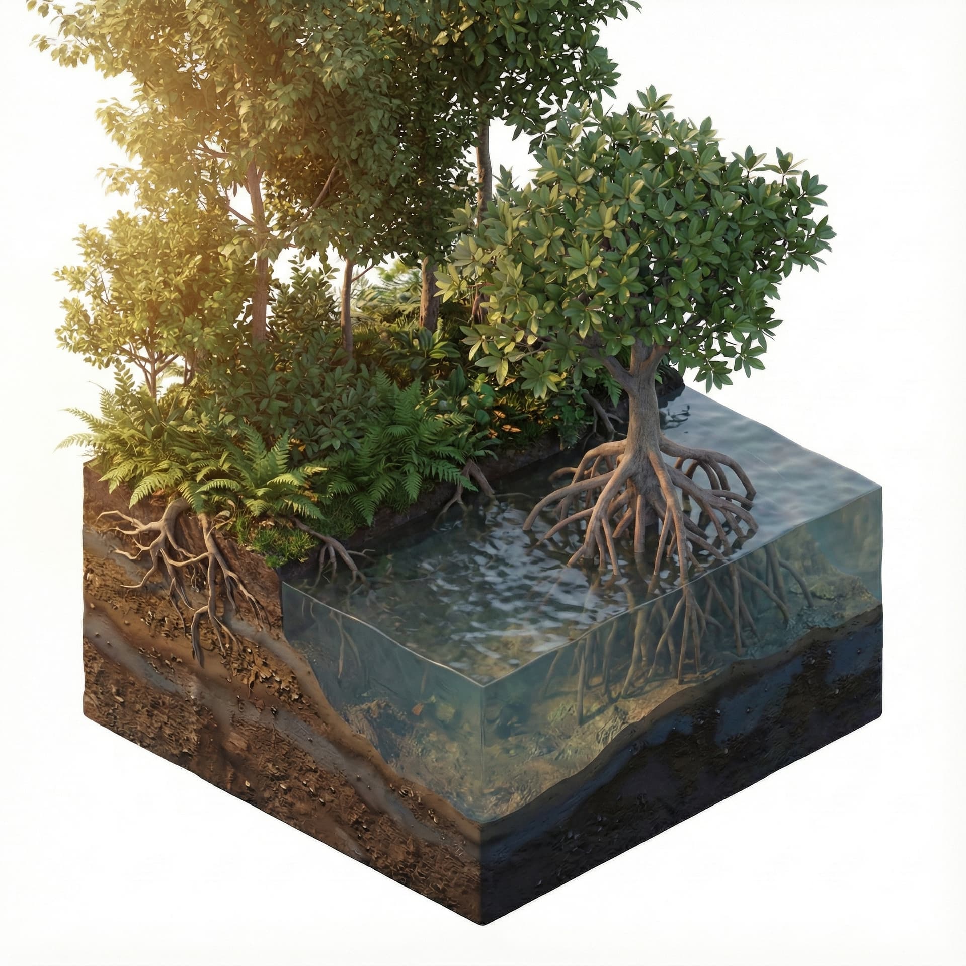 Create a full hyper-realistic 3D isometric ecosystem block (not cropped) combining terrestrial forest and mangrove blue-carbon habitat in one seamless scene. On the left, show dense forest vegetation with layered soil, ferns, shrubs, and strong root systems. On the right, show a mangrove tree with fully visible aerial roots, shallow clear tidal water, and detailed underwater sediment. Keep the block intact with visible stratified soil layers from top to bottom. Use highly realistic textures: moist soil, organic debris, roots, and water refraction.

Lighting should follow a warm, soft golden-hour style similar to a cinematic sun glow—like image 2—casting gentle highlights, warm rim light, and clean shadows. Background should be pure white for a premium, minimalist look. Render with ultra-high detail, soft reflections, natural color grading, and no text or labels."