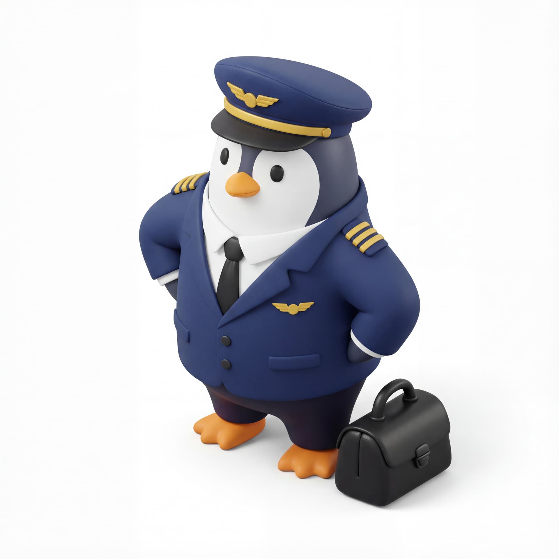 A cute cartoon illustration of a penguin airline pilot in full uniform, confident standing posture, aviation career theme, isolated on a white background.