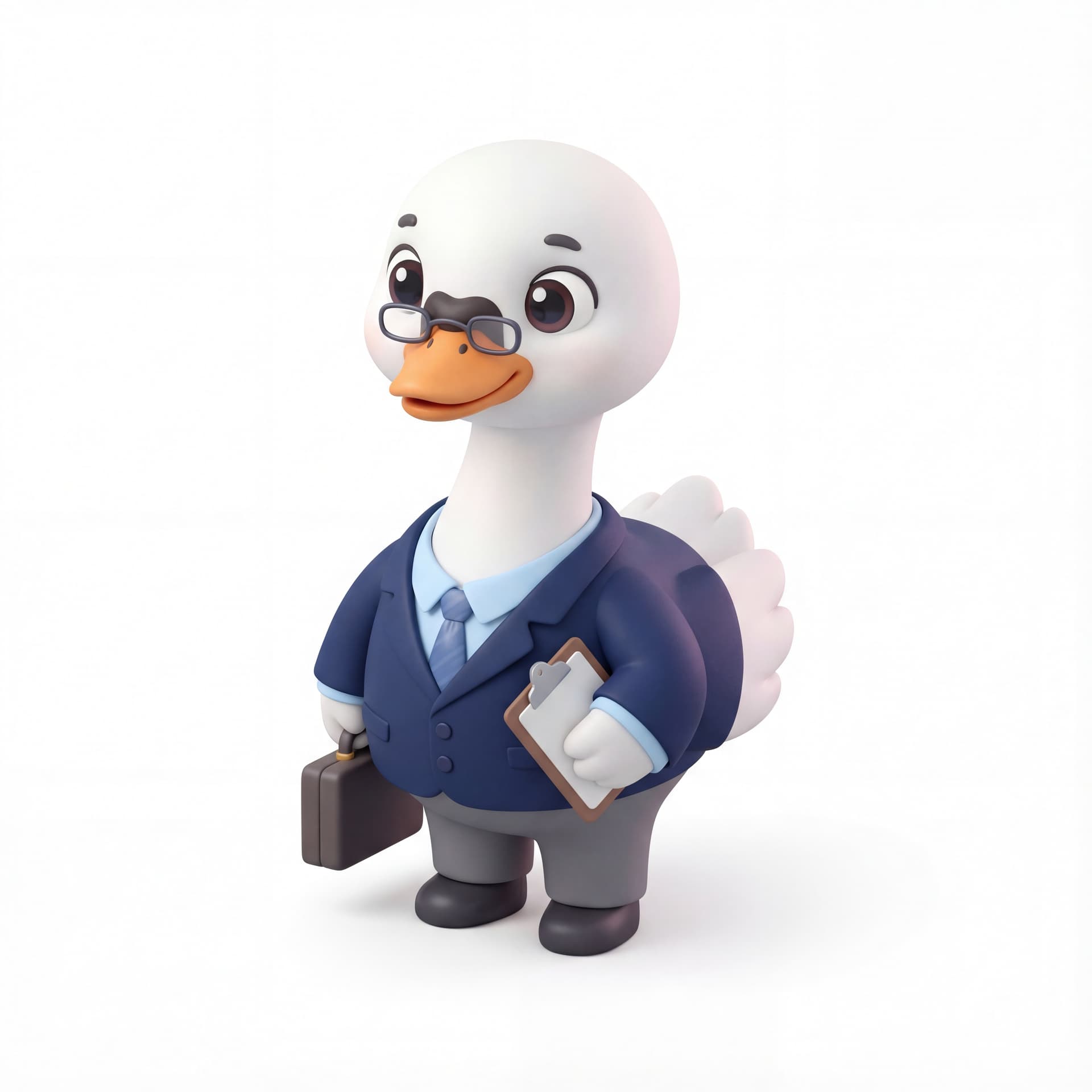 A cute cartoon swan mascot character dressed as a human resources manager, wearing formal business attire, full body, front-facing, rounded proportions, big expressive eyes, soft shading, warm approachable smile, centered composition, isolated on a white background