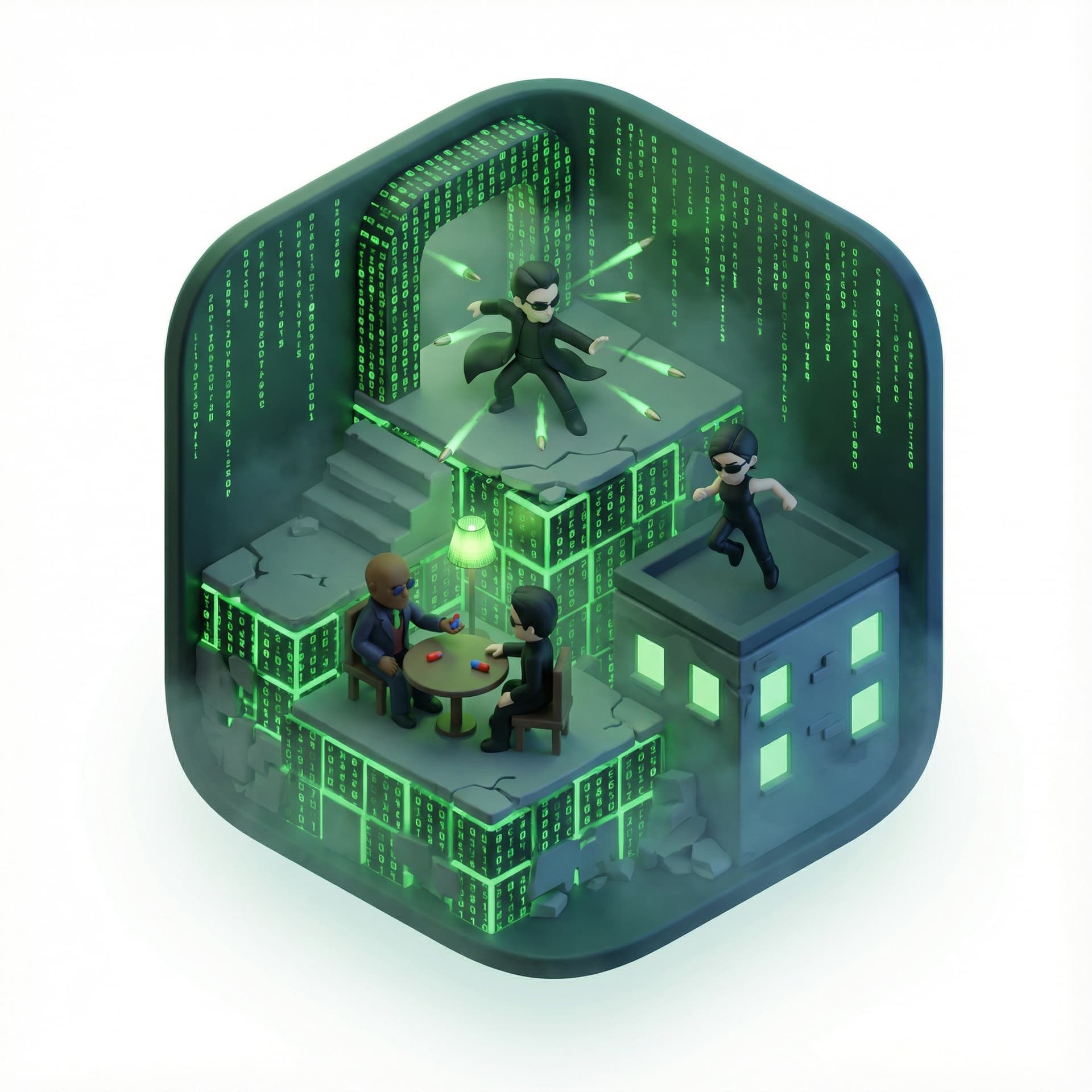 a suspended, adorable three-dimensional stylized vignette of The Matrix, higlighting its legendary signature moments. Amplify the mood through environmental effects and atmospheric conditions.