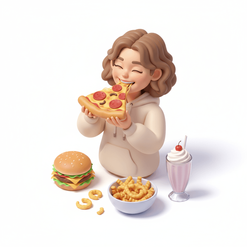 bold and clean isometric icon showing a girl happily savoring food