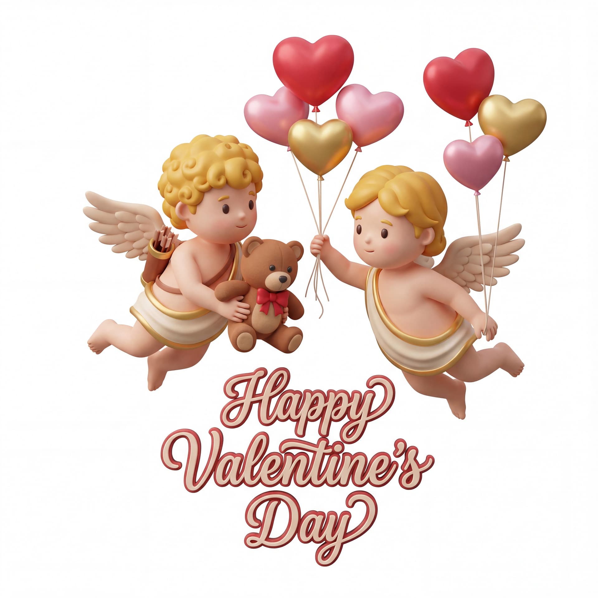 A full-body portrait of a cute couple of Cupid characters flying side by side, one holding a teddy bear and the other holding balloon strings, with “Happy Valentine’s Day” placed below in decorative lettering, isolated on a white background.