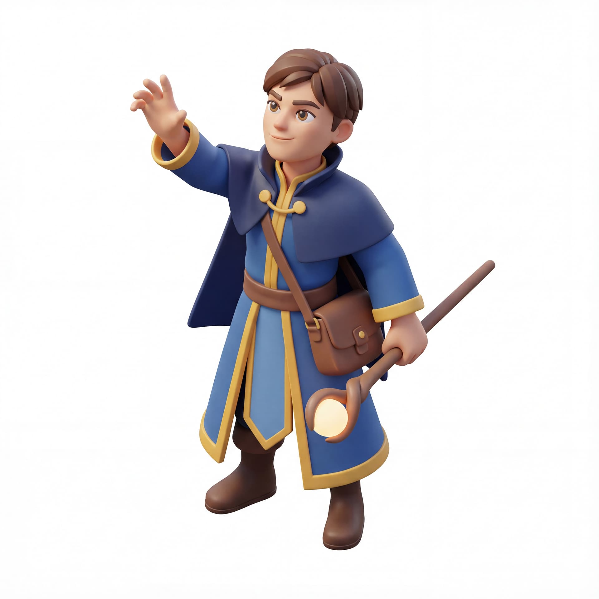 A 3D cartoon human mage character with one hand raised as if casting a spell, short cloak, clean fantasy design without symbols, confident expression, isolated character.