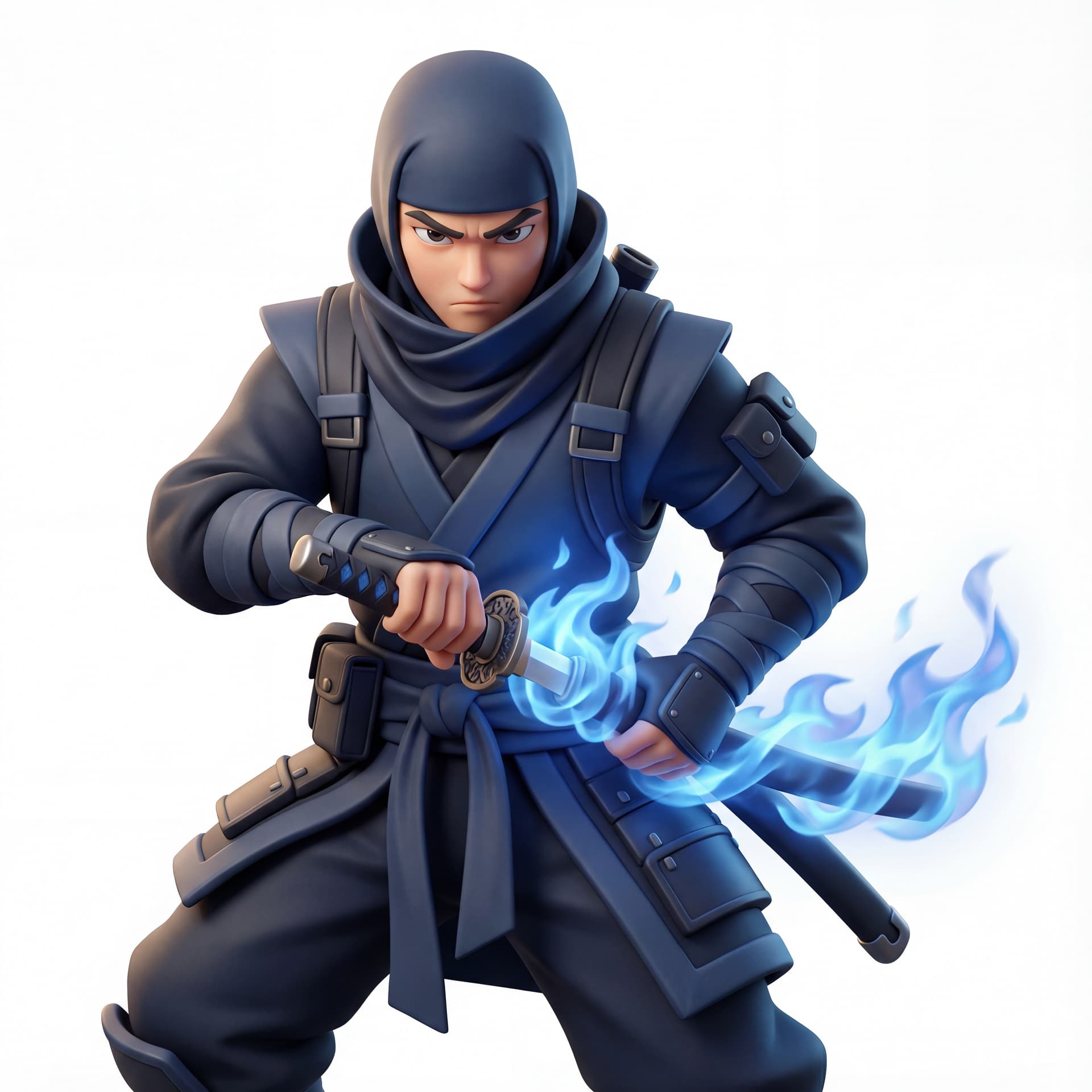 A highly detailed 3D cartoon human ninja wielding a short blade surrounded by blue flame energy, flame trailing slightly with movement, sharp cloth folds, layered ninja outfit details, intense focused expression, isolated character.