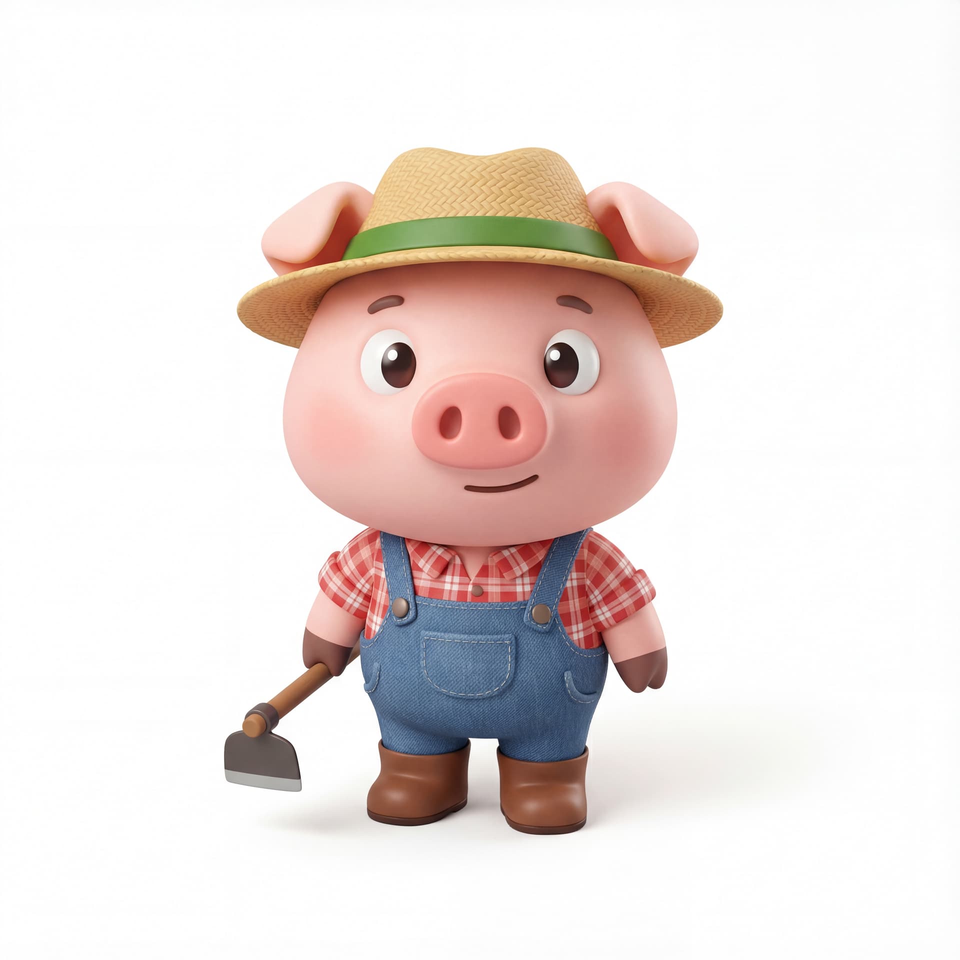 A cute cartoon pig mascot character dressed as a farmer, full body, front-facing, rounded proportions, big expressive eyes, soft shading, friendly neutral smile, centered composition, isolated on a white background.