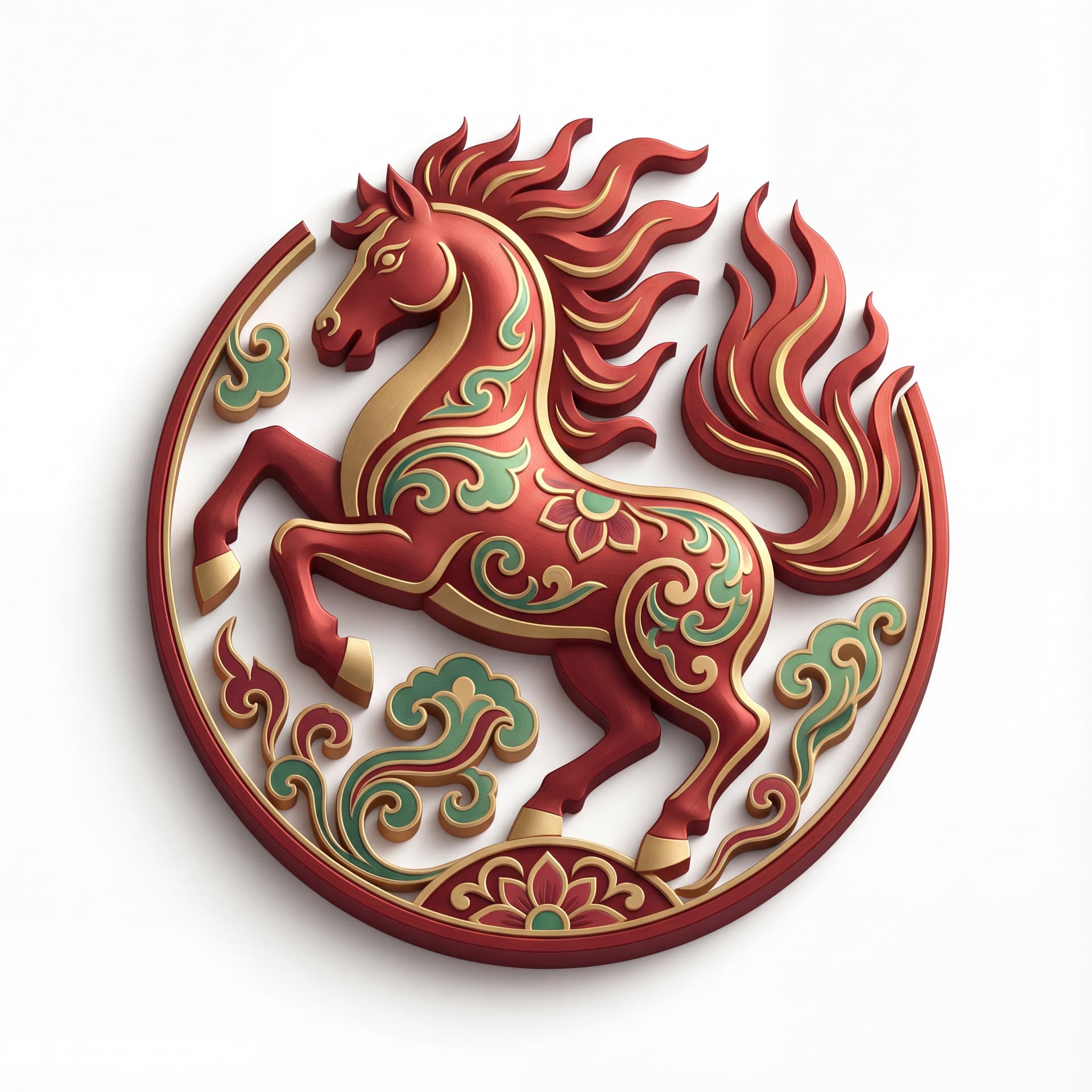 A powerful Chinese-style horse emblem with a rearing pose, flame-shaped mane rising upward, smooth calligraphic linework, balanced decorative motifs inspired by traditional festival patterns, symmetrical composition, isolated on a white background.