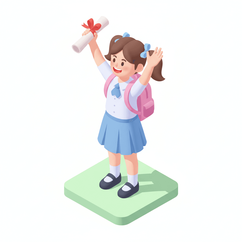 isometric flat pastel vector showing a happy schoolgirl raising her diploma in the air