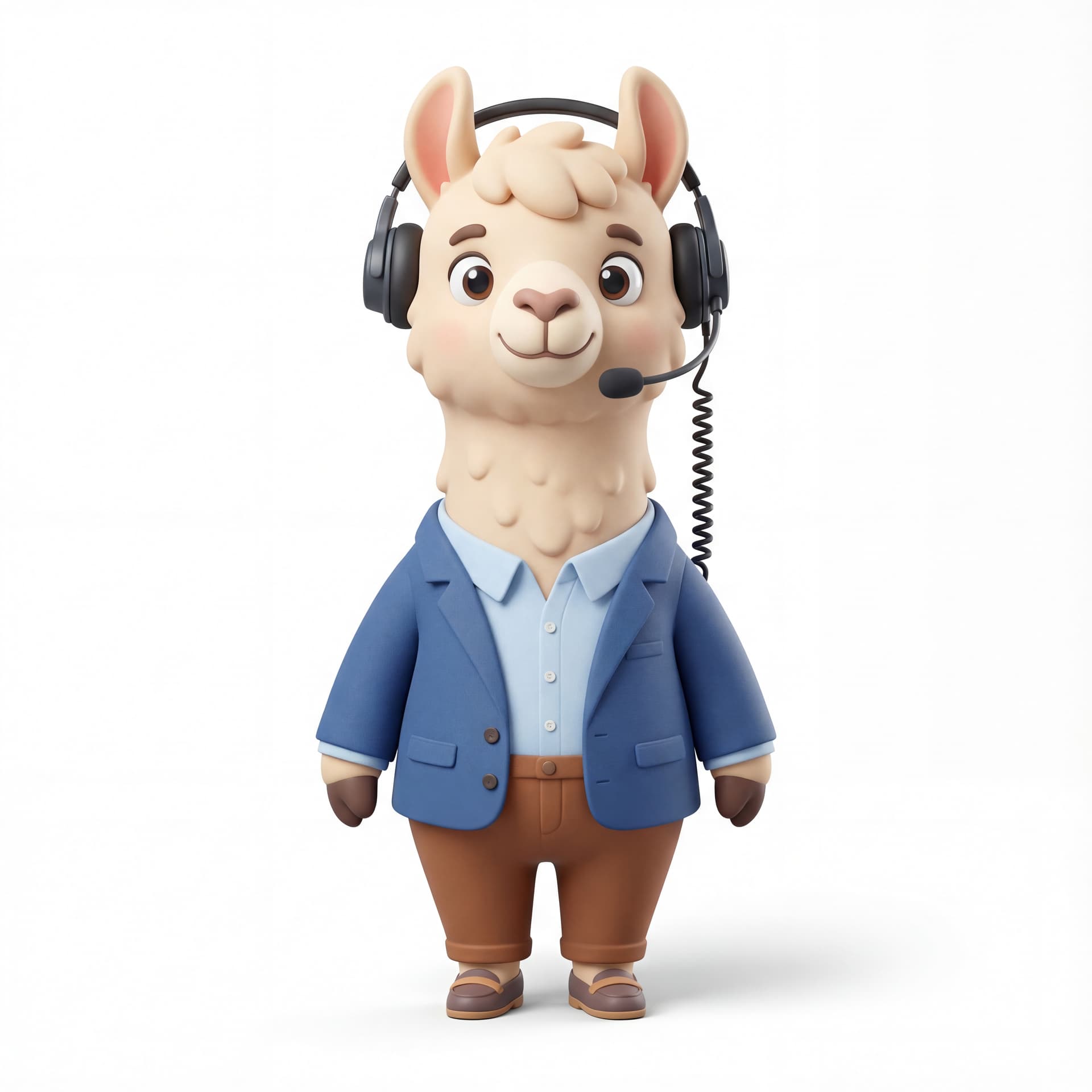 A cute cartoon llama mascot character dressed as a customer success manager, wearing smart casual attire and a headset, full body, front-facing, rounded proportions, big expressive eyes, soft shading, friendly reliable smile, centered composition, isolated on a white background.