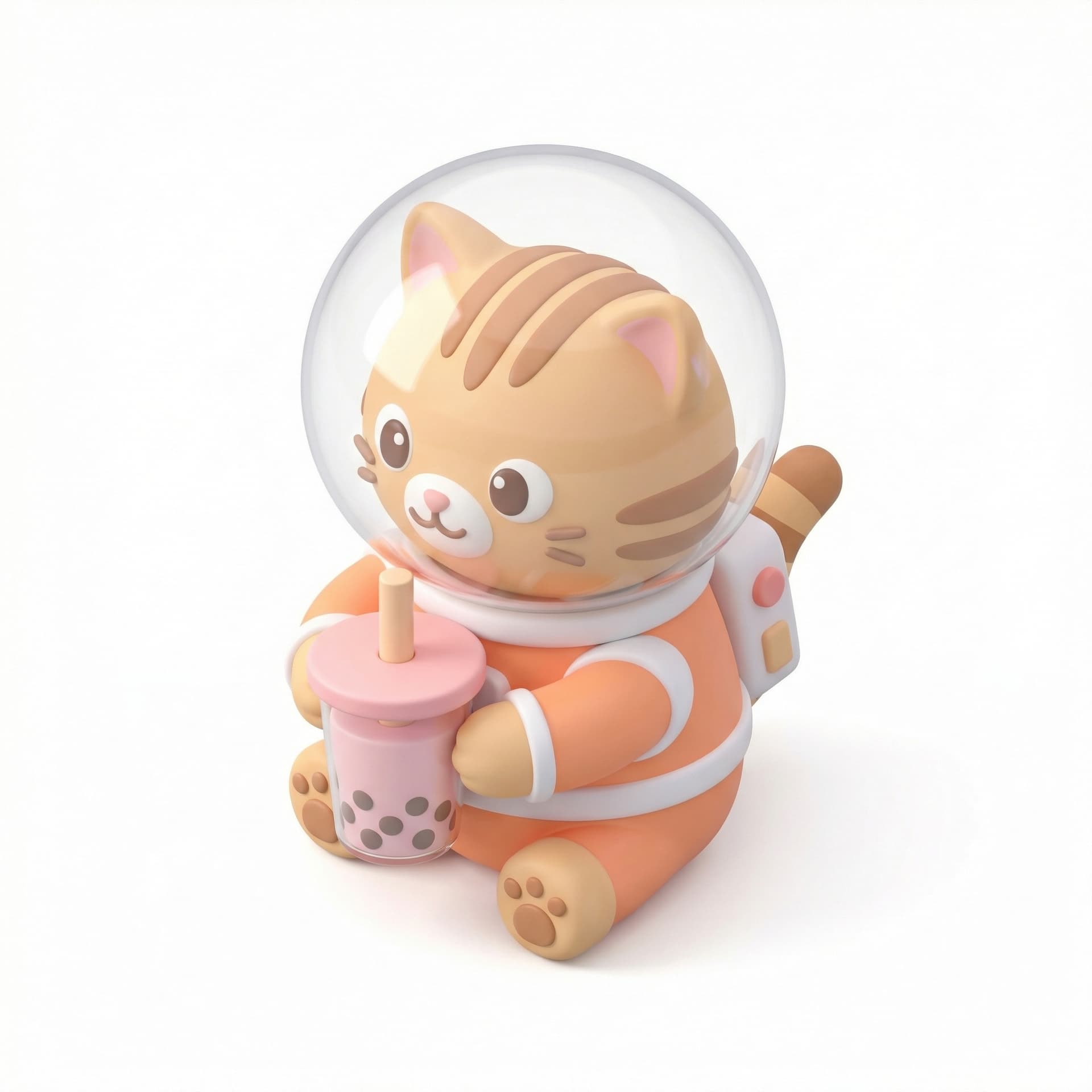 Cute cat, wearing astronaut helmet, holding bubble tea, 3d render style, pastel colors