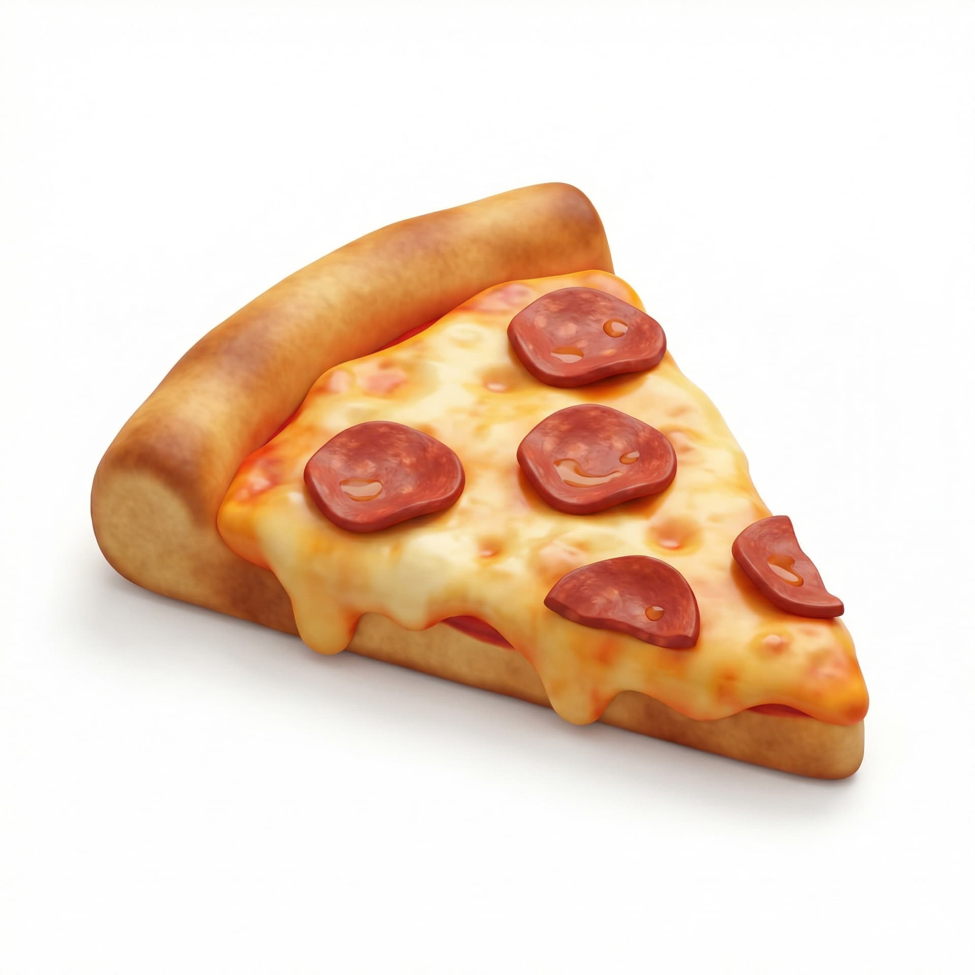 Isometric illustration of a single slice of pepperoni pizza, thick crust, melted cheese dripping slightly, several round pepperoni slices on top. Clean isometric view at 45-degree angle, simple shapes, smooth gradients, minimal details, vibrant warm colors, soft shadows, modern isometric icon style, isolated on white background.