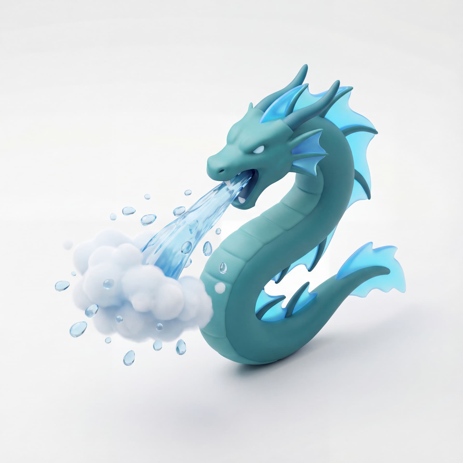 An isometric water dragon with smooth teal scales and translucent fins roaring forward while blasting a pressurized water beam, enveloped by splashing mist clouds and suspended water droplets.