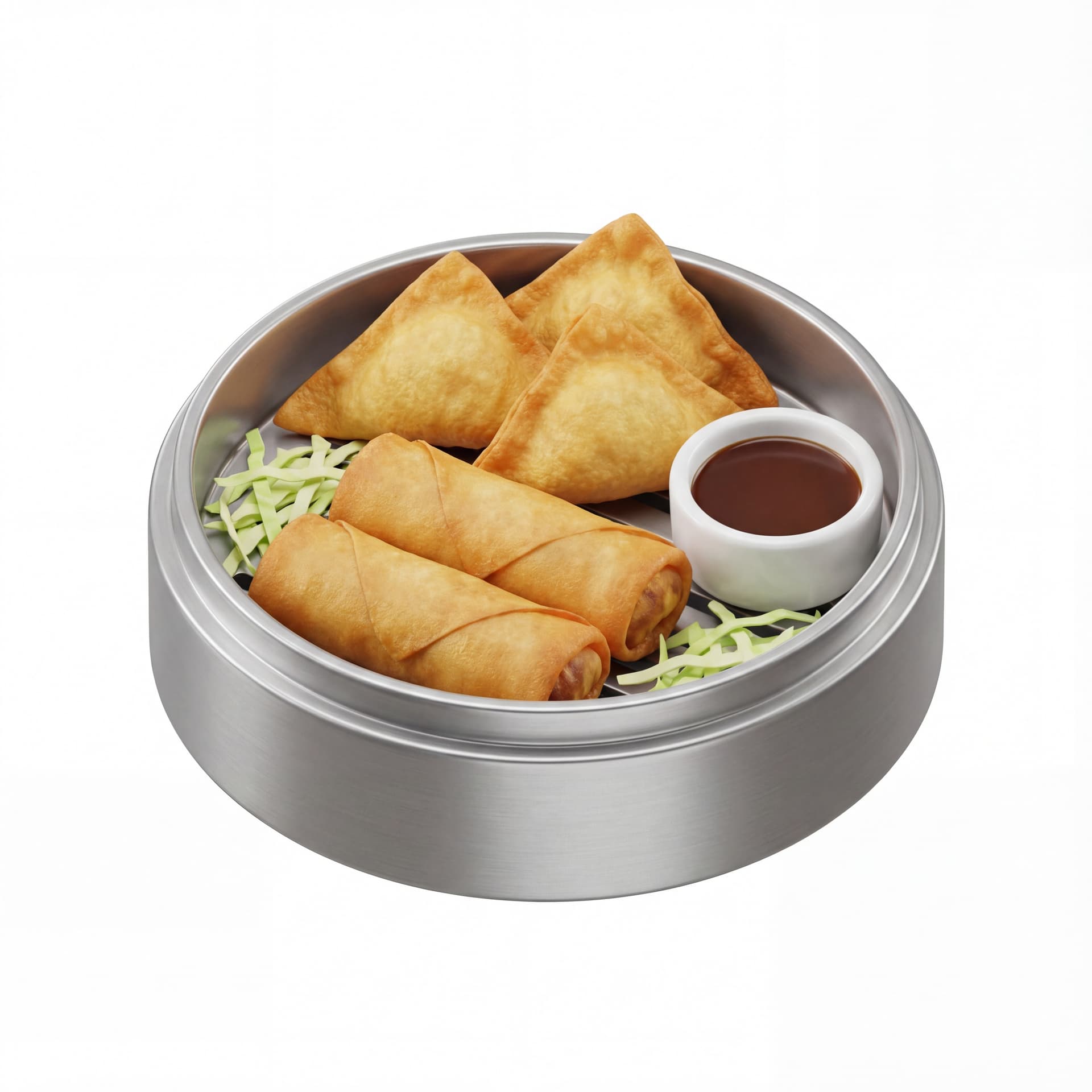 A cartoon dim sum metal tray holding two fried spring rolls, three fried wontons, shredded cabbage garnish, and a small dipping sauce cup.
