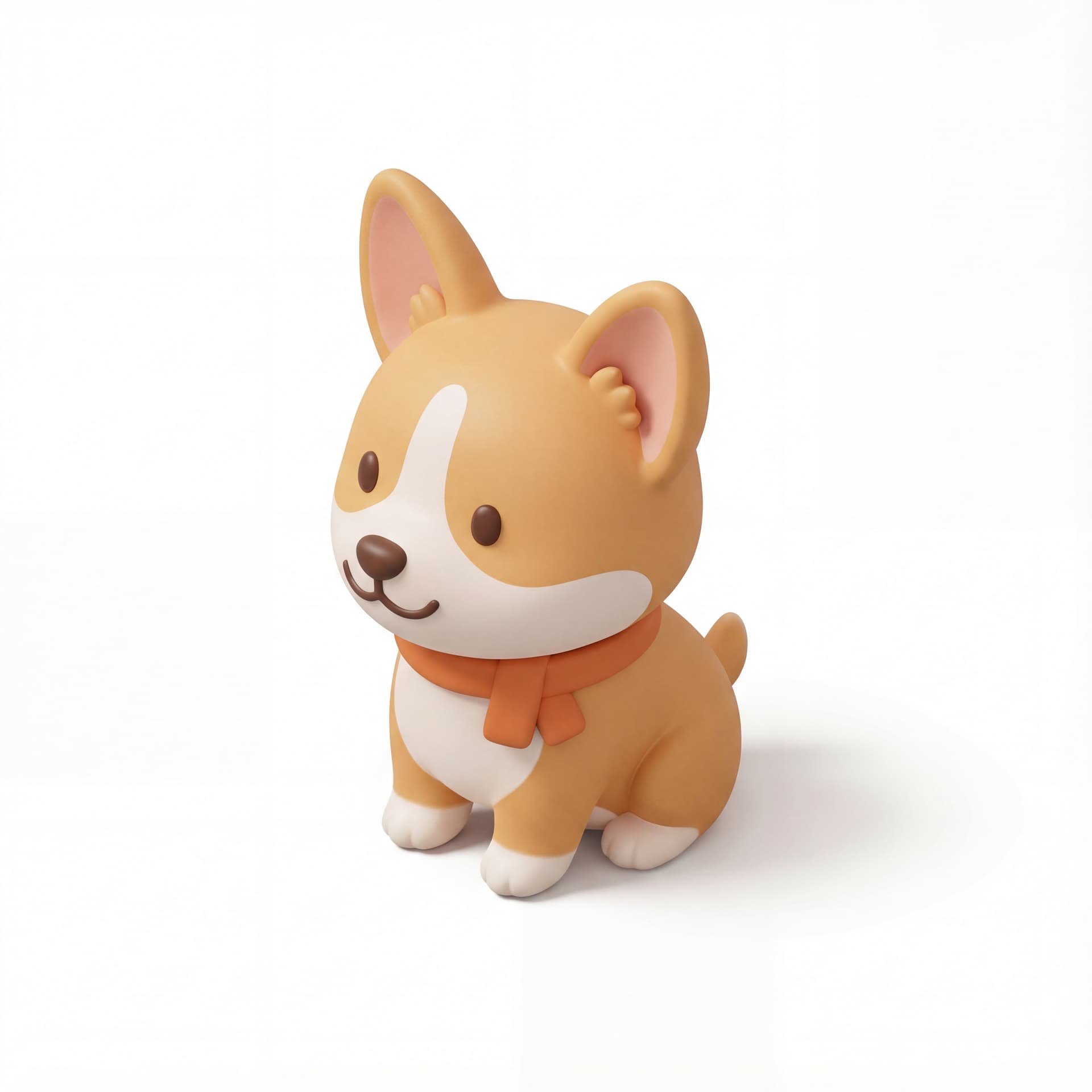 Ikon 3D anjing corgi gaya lucu chibi duduk tegak dengan ekspresi ramah pencahayaan studio lembut latar belakang putih