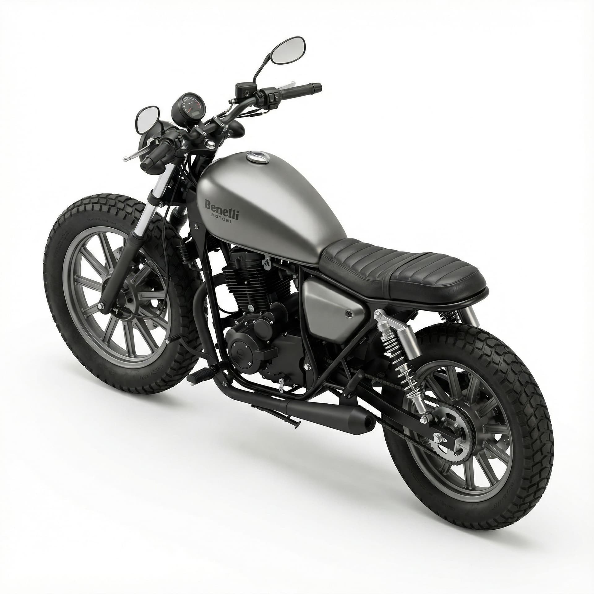 A Benelli Motobi 200 Evo motorcycle in a photorealistic neo-retro scrambler style. Matte metallic grey teardrop fuel tank with subtle branding, blacked-out single-cylinder engine, minimalist frame, and flat black leather seat. Twin rear shocks with chrome springs, wide road tires on alloy wheels, low matte black exhaust, round headlamp. Clean side view, natural lighting, cinematic depth, modern Italian heritage.