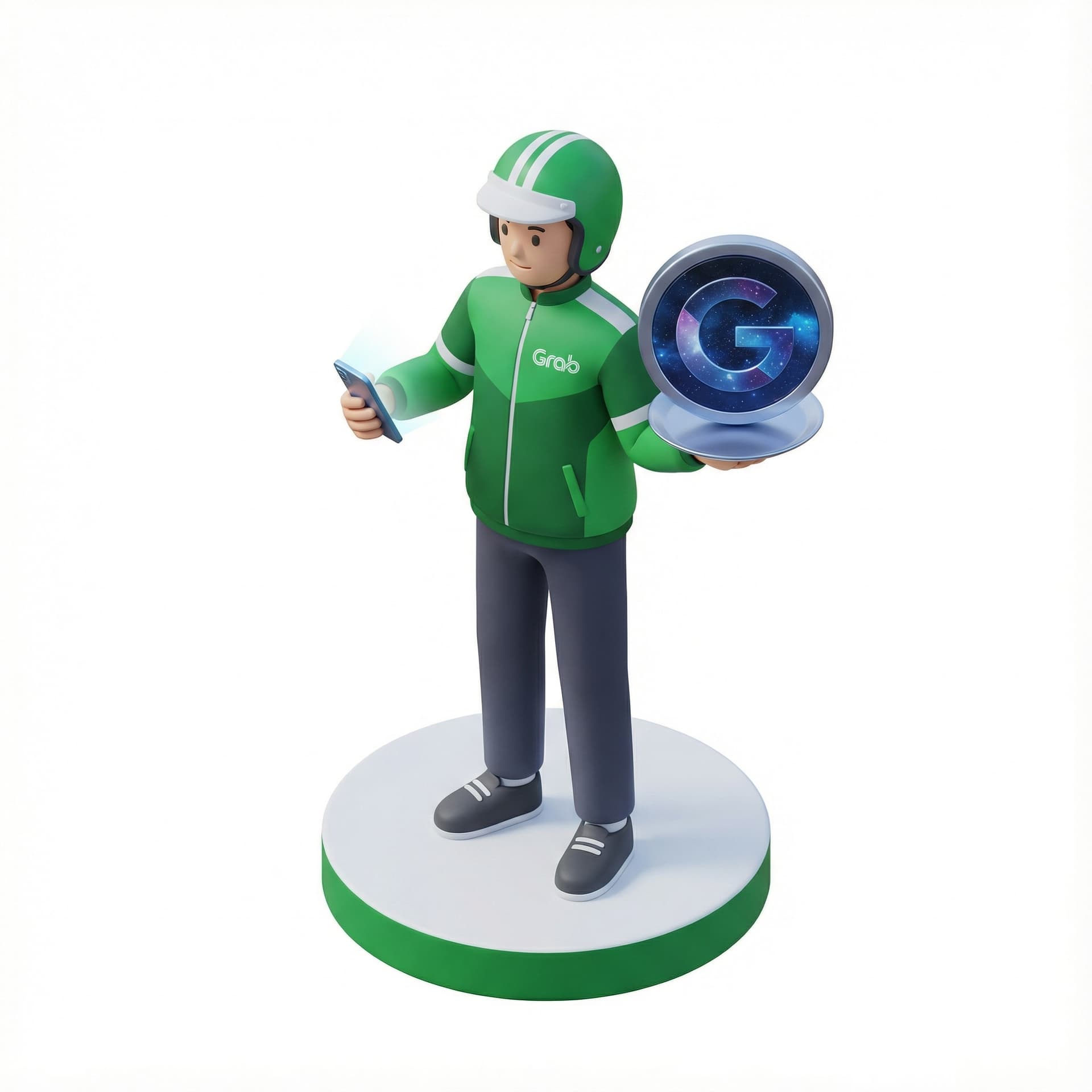 seorang driver ojol Grab dengan pose berdiri santai, tangan kanannya sedang memegang handphone, sedangkan tangan kirinya memegang logo Gemini AI (circle plat)