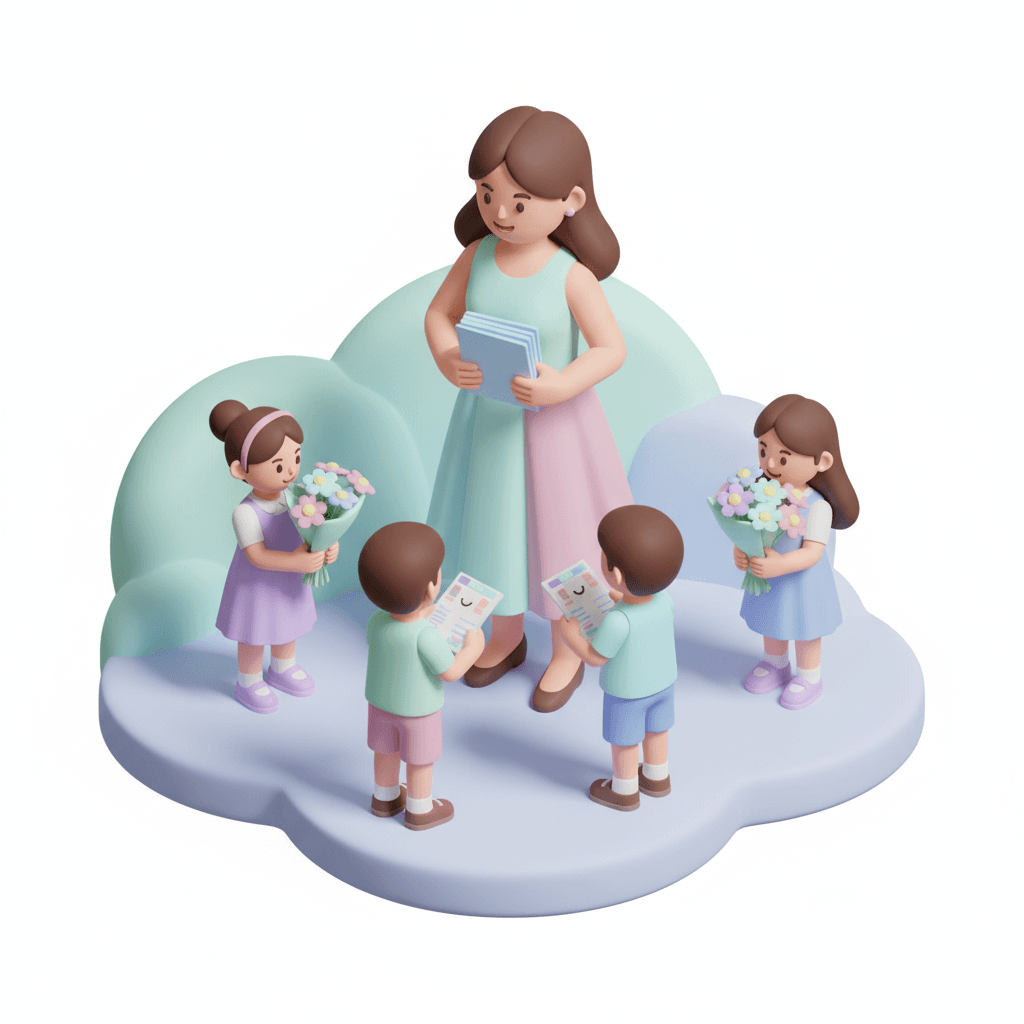 pastel isometric icon of a smiling teacher surrounded by happy children holding flowers and report cards