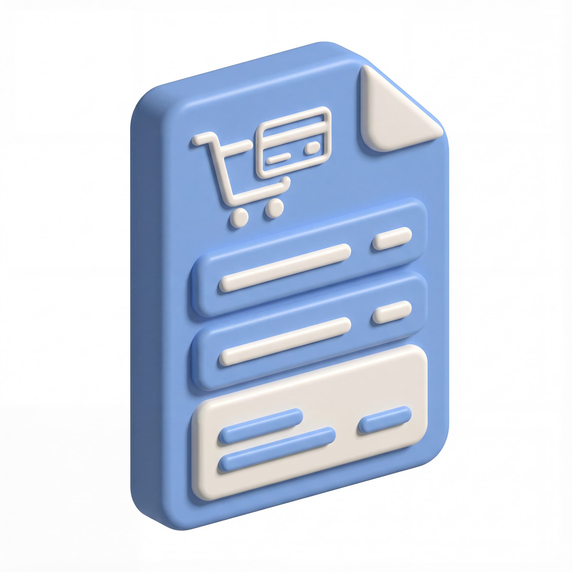 Ikon logo Invoice terkait E-commerce dengan style Simplified Product Icon 3D clay minimal tebal membulat detail rendah konsisten pencahayaan lembut bayangan kontak ringan dan warna dasar biru lembut dengan aksen off-white neutral.