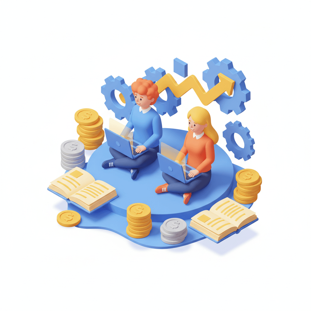 Cheerful isometric illustration of a small business scene showing friendly entrepreneurs with laptops, coins, and bank books around them. Bright blue, orange, and yellow tones, soft gradients, clean vector style, no text, no logo, friendly atmosphere.