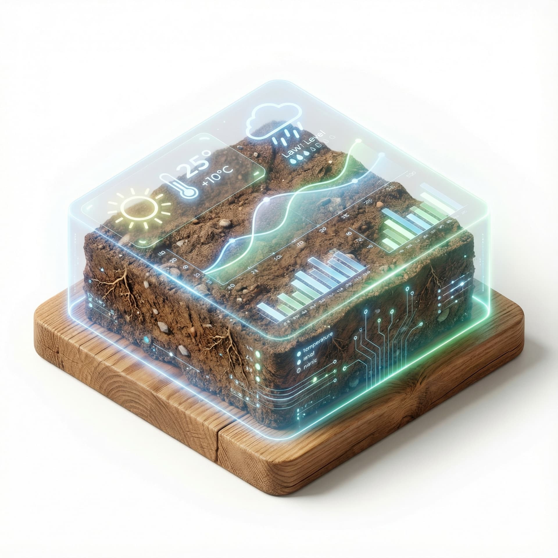 Hyper-realistic isometric soil tile, same angle and lighting as the competitor. Use the same wooden climate board base, but wrapped with a transparent AI interface overlay showing digital climate indicators (sun, rain, temperature curves) and predictive climate analytics. Add subtle holographic glow and micro data points to indicate deep climate modeling powered by AI. Clean white background.