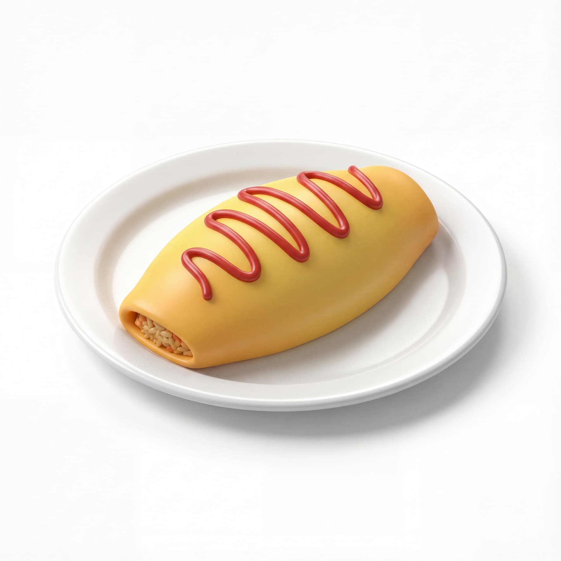 A cartoon omurice served on a plate, smooth egg wrap, ketchup drizzle lines, simplified presentation.