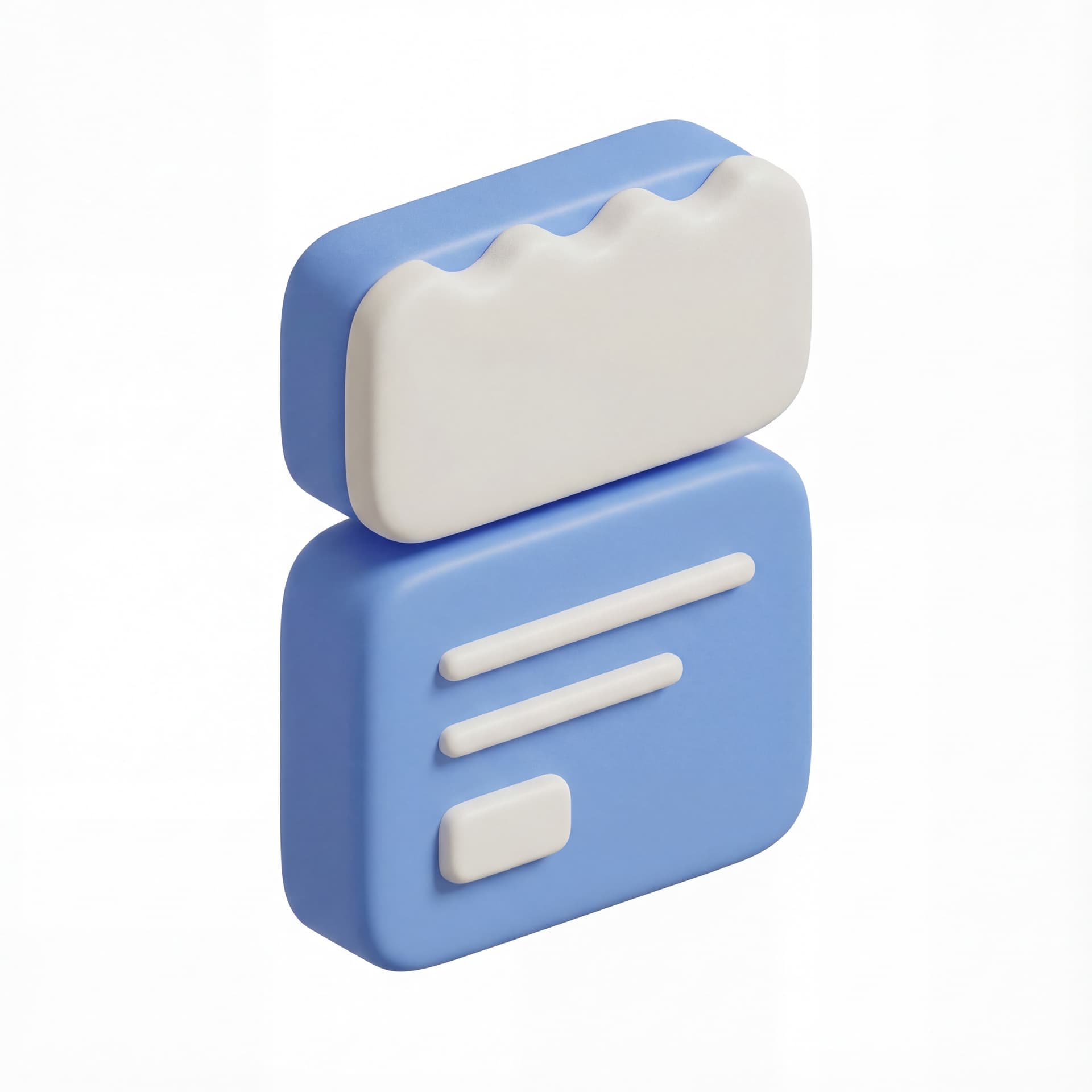 Ikon logo Receipt terkait E-commerce dengan style Simplified Product Icon 3D clay minimal tebal membulat detail rendah konsisten pencahayaan lembut bayangan kontak ringan dan warna dasar biru lembut dengan aksen off-white neutral.