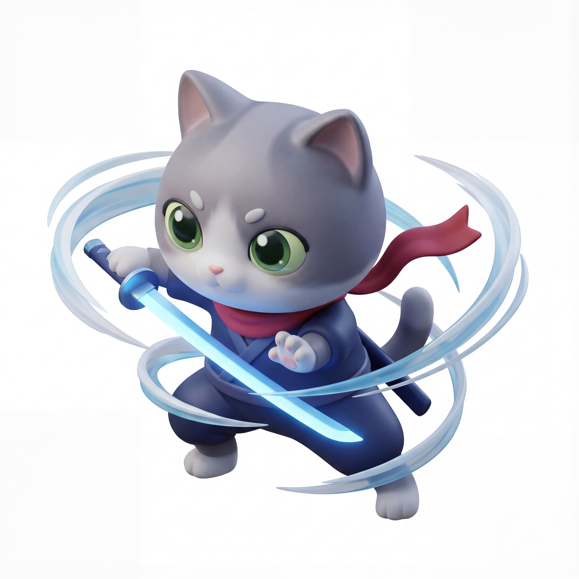 A 3D chibi cat ninja with short limbs and big expressive eyes, wielding a wind-infused katana, swirling air ribbons wrapping the blade, fluttering scarf, playful agile stance, isolated character.