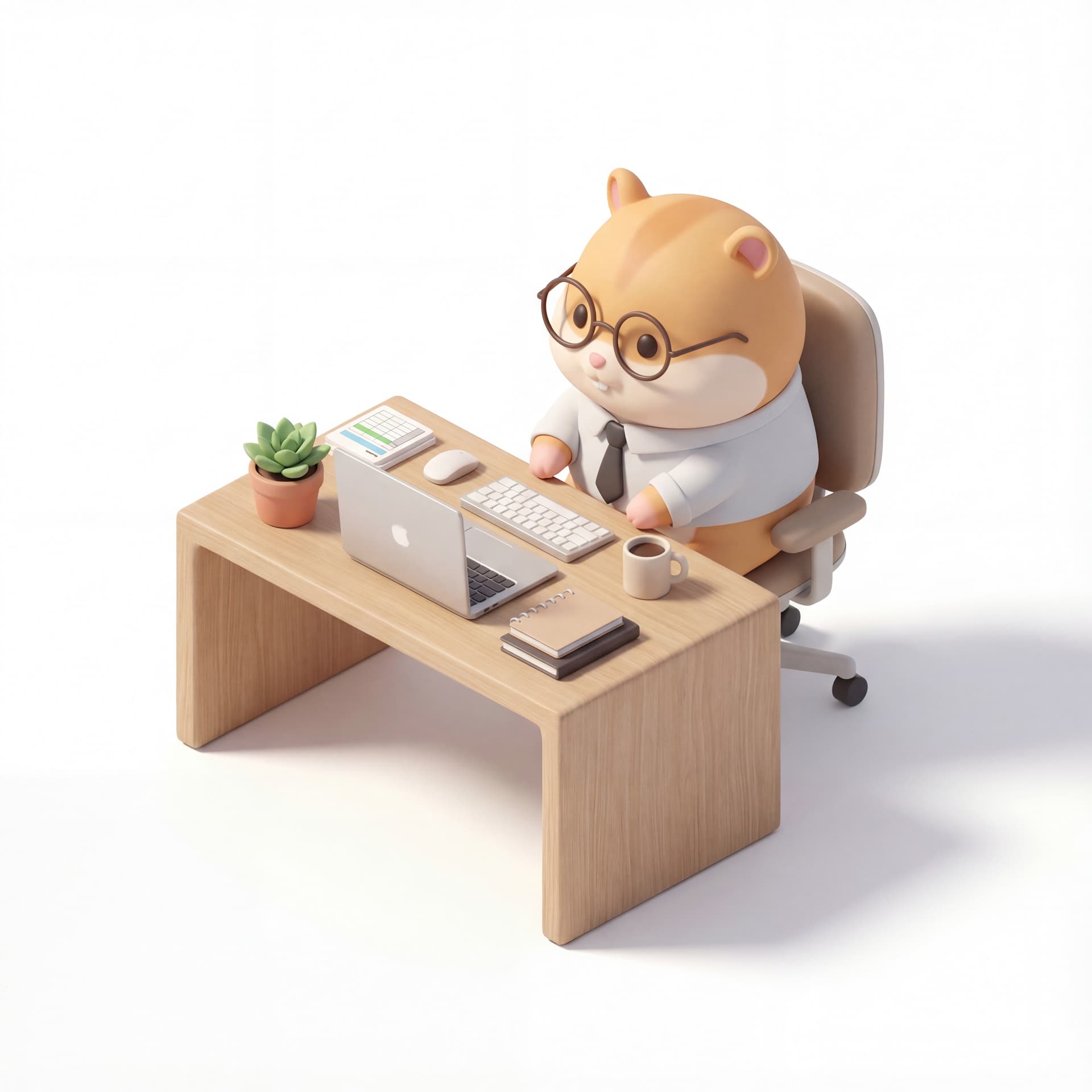 A cute cartoon illustration of a hamster office worker sitting at a desk with a computer, modern workplace concept, isolated on a white background.