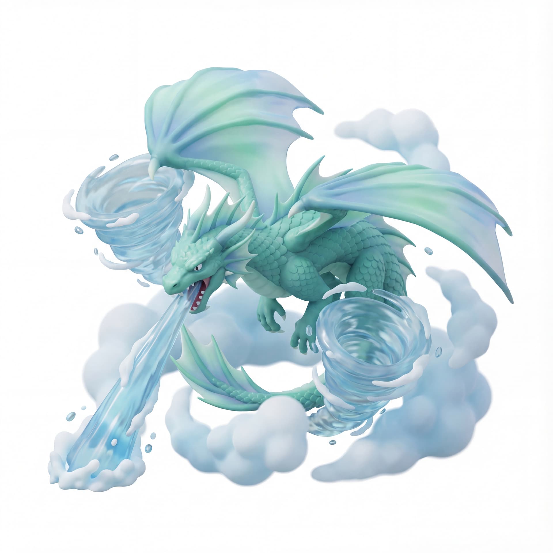 An isometric water dragon with aqua-green scales and flowing fin-like wings roaring downward while firing a beam, enveloped in rotating water vortex effects and soft mist clouds.