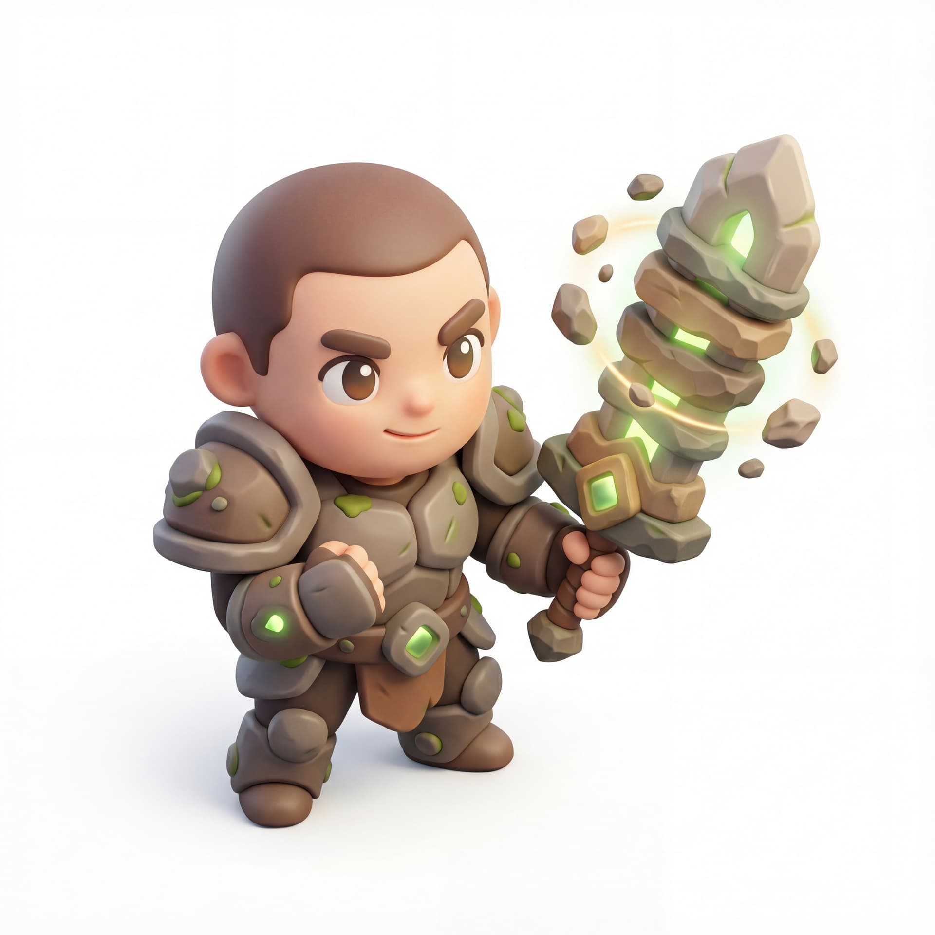 A 3D chibi human warrior with an oversized head and tiny body, holding an earth-powered sword made of layered stone, small rocks floating around the blade, chubby armor details, confident heroic pose, isolated character.