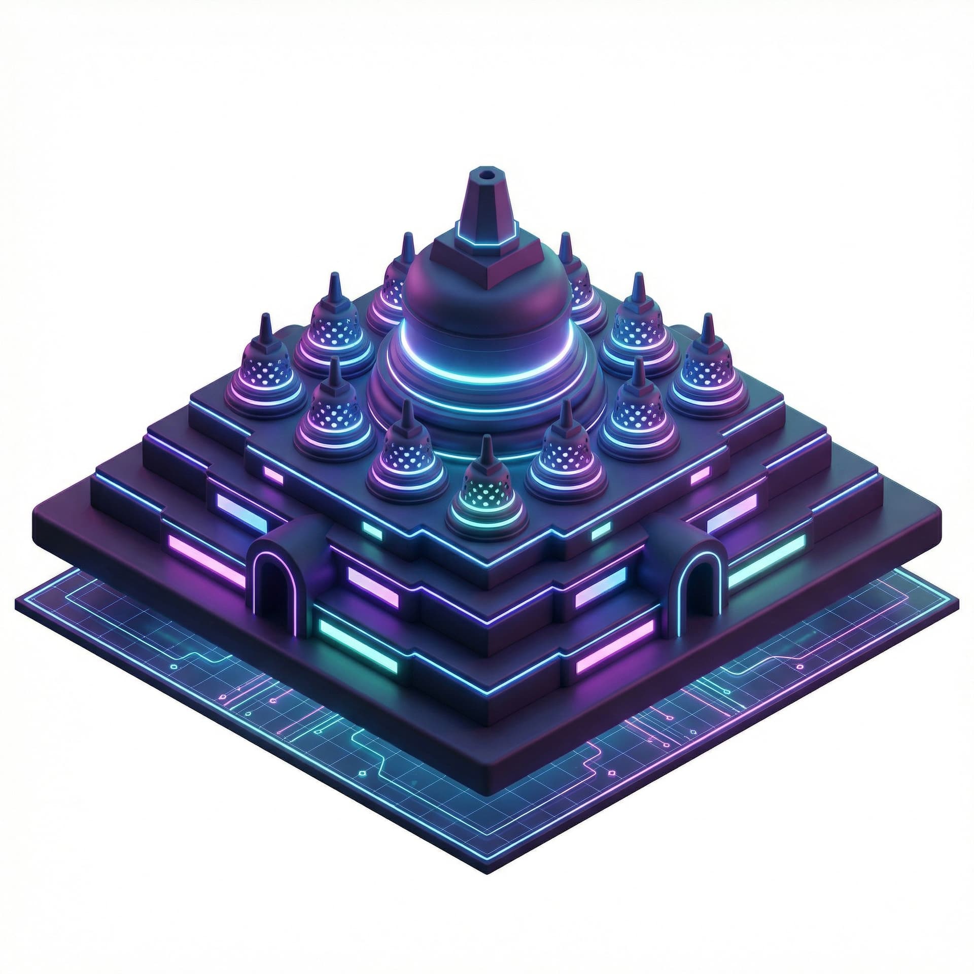 Candi borobudur glowing neon light  cuberpunk 3D style