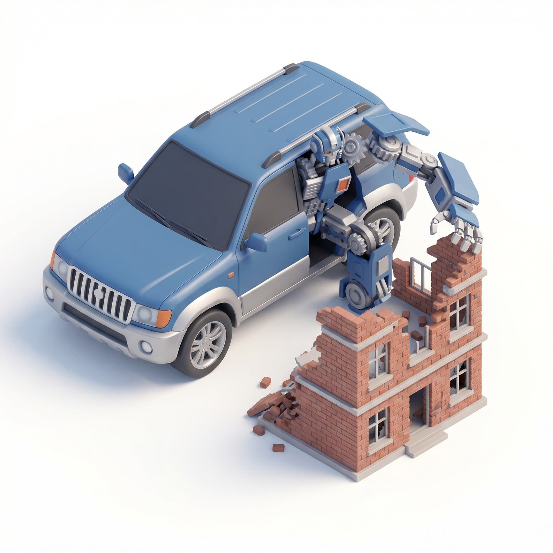 A car that turns into a robot and mauled a building to pieces