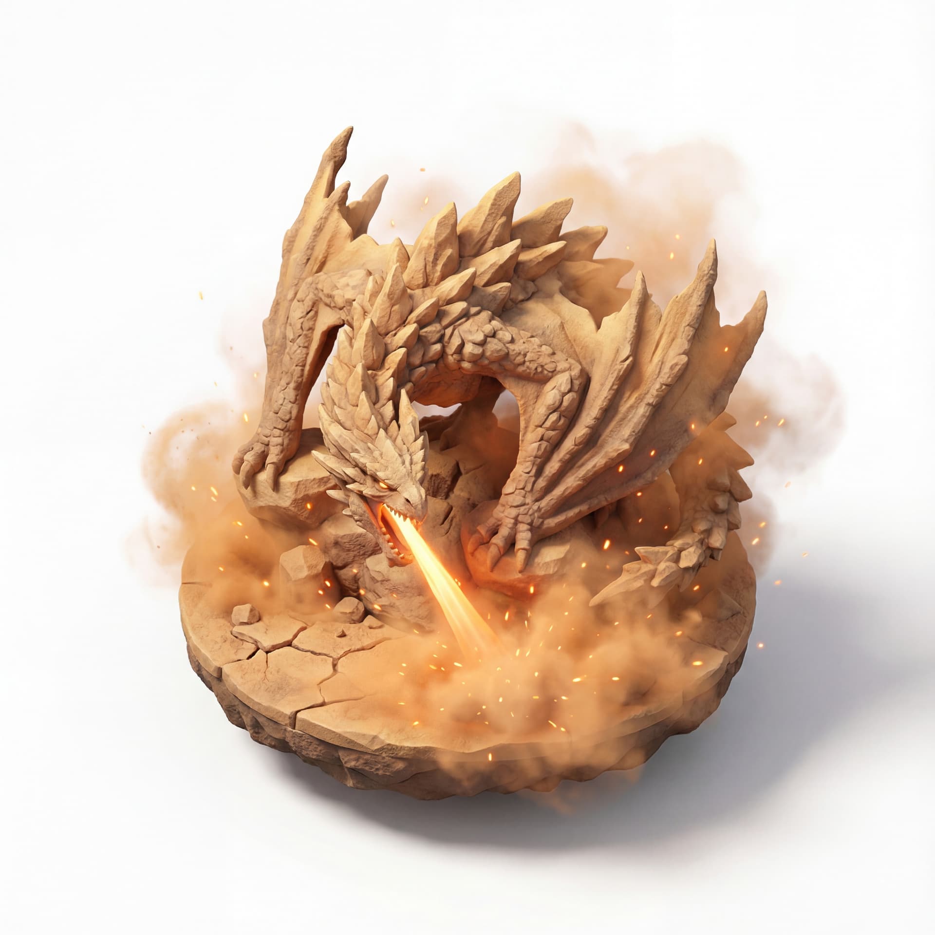 An isometric dragon with sand-colored rocky scales and jagged spine plates roaring downward while firing a beam, wrapped in orange dust clouds mixed with glowing sparks.