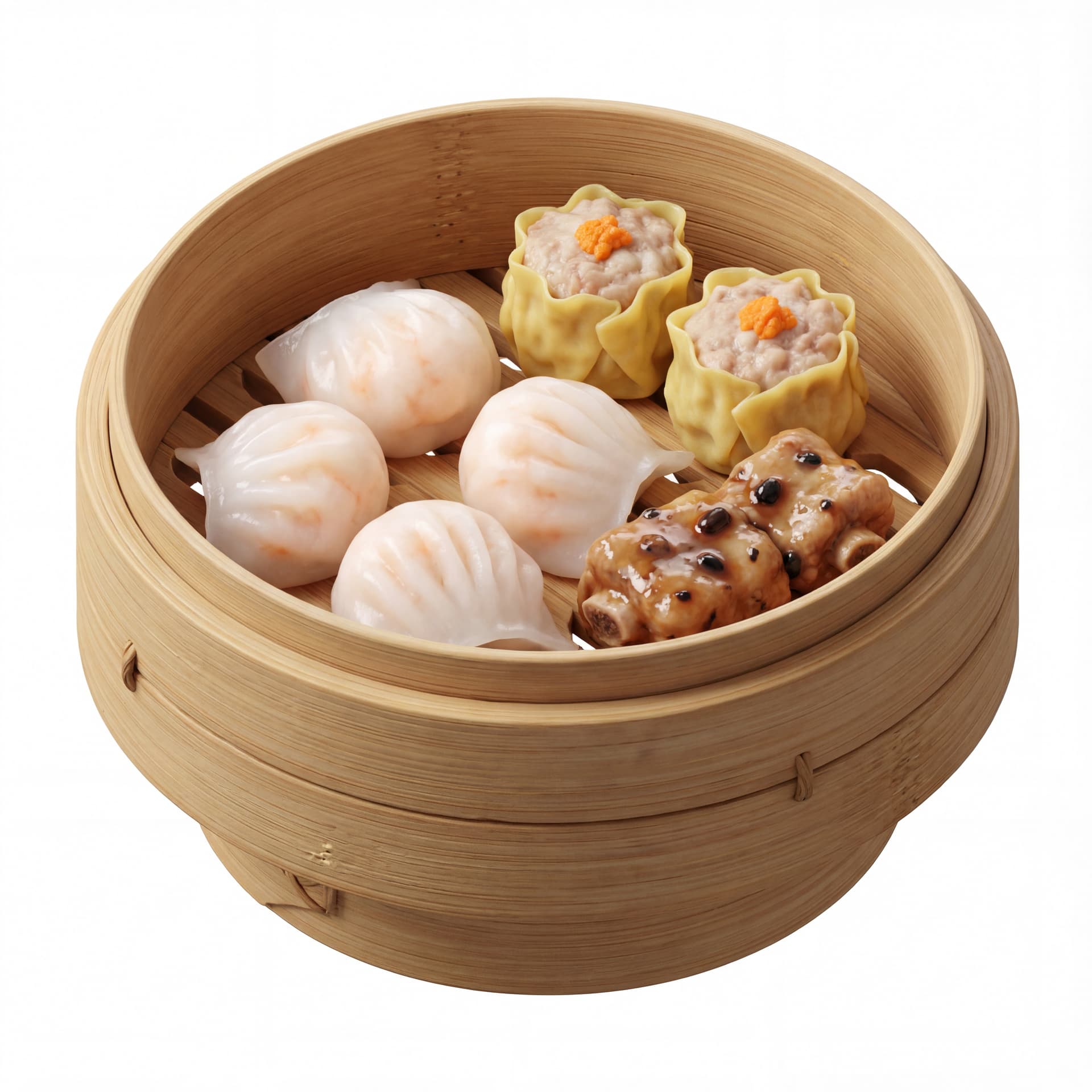 A cartoon dim sum bamboo basket containing three shrimp har gow dumplings, two pork siu mai, and one piece of steamed spare rib, neatly arranged.