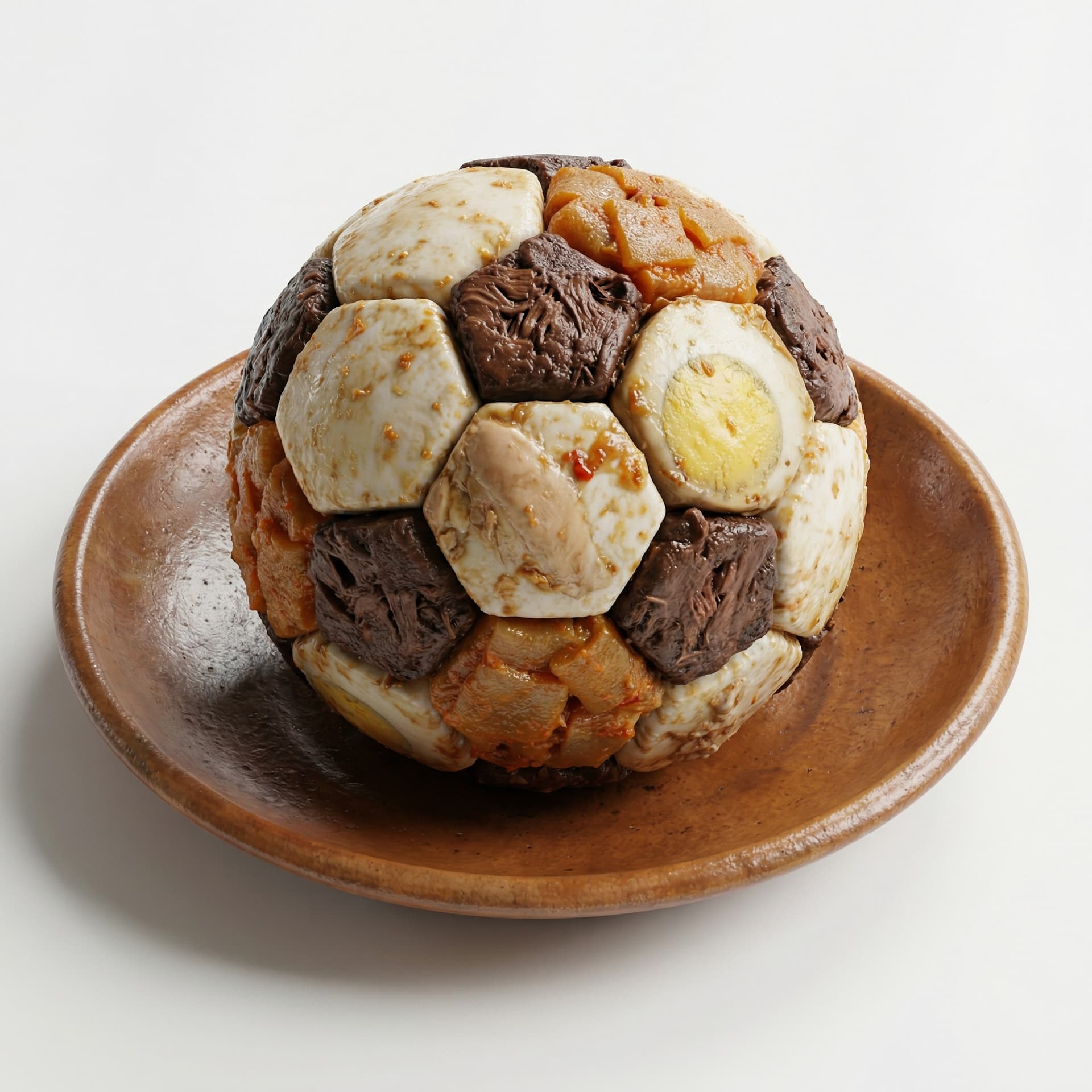 Soccer ball, made of Gudeg texture, traditional clay plate, realistic food style.