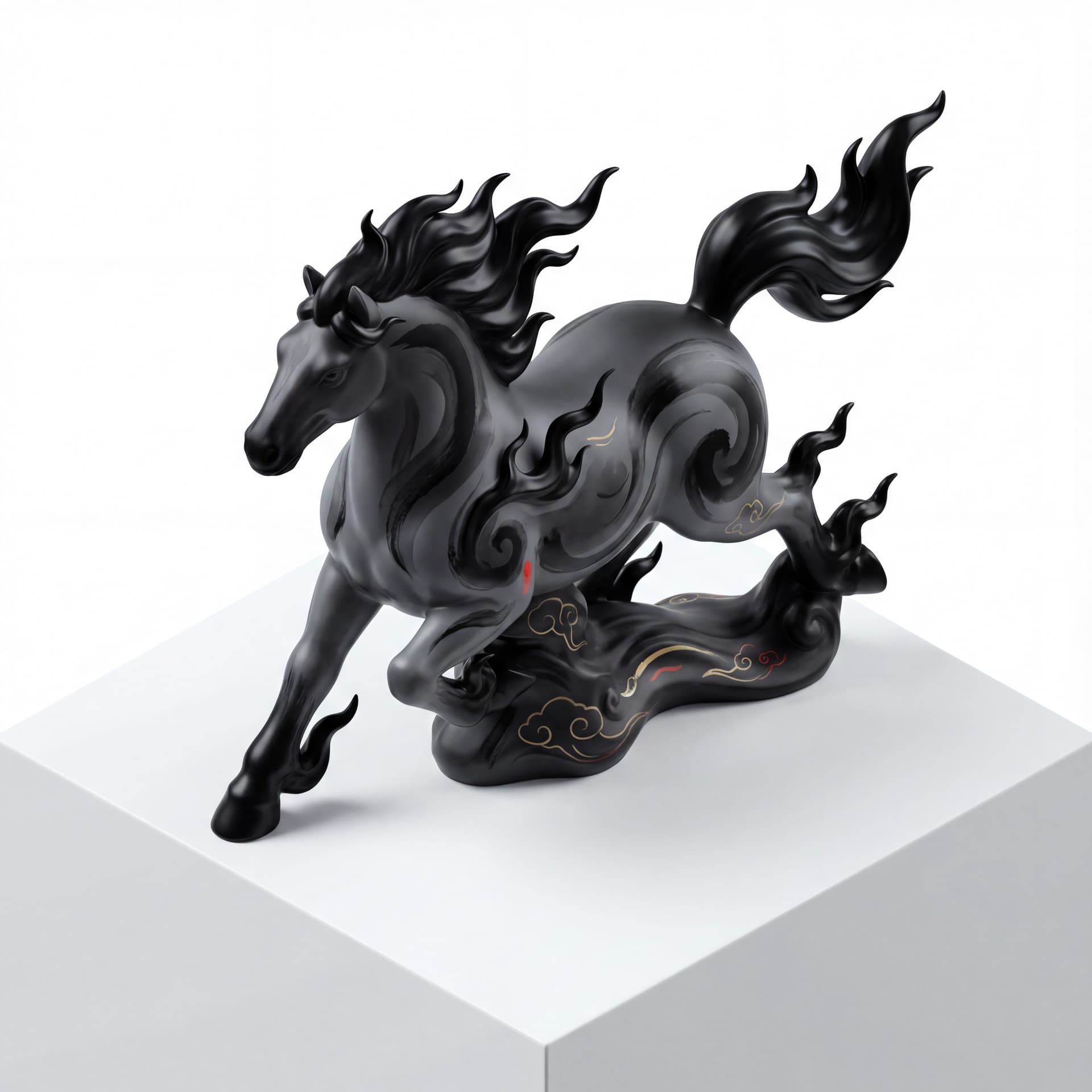 A Chinese ink-inspired horse illustration with a forward-charging stance, mane and hooves transforming into flame-shaped strokes, expressive brush-style contours, minimal ornamental accents, isolated on a white background.
