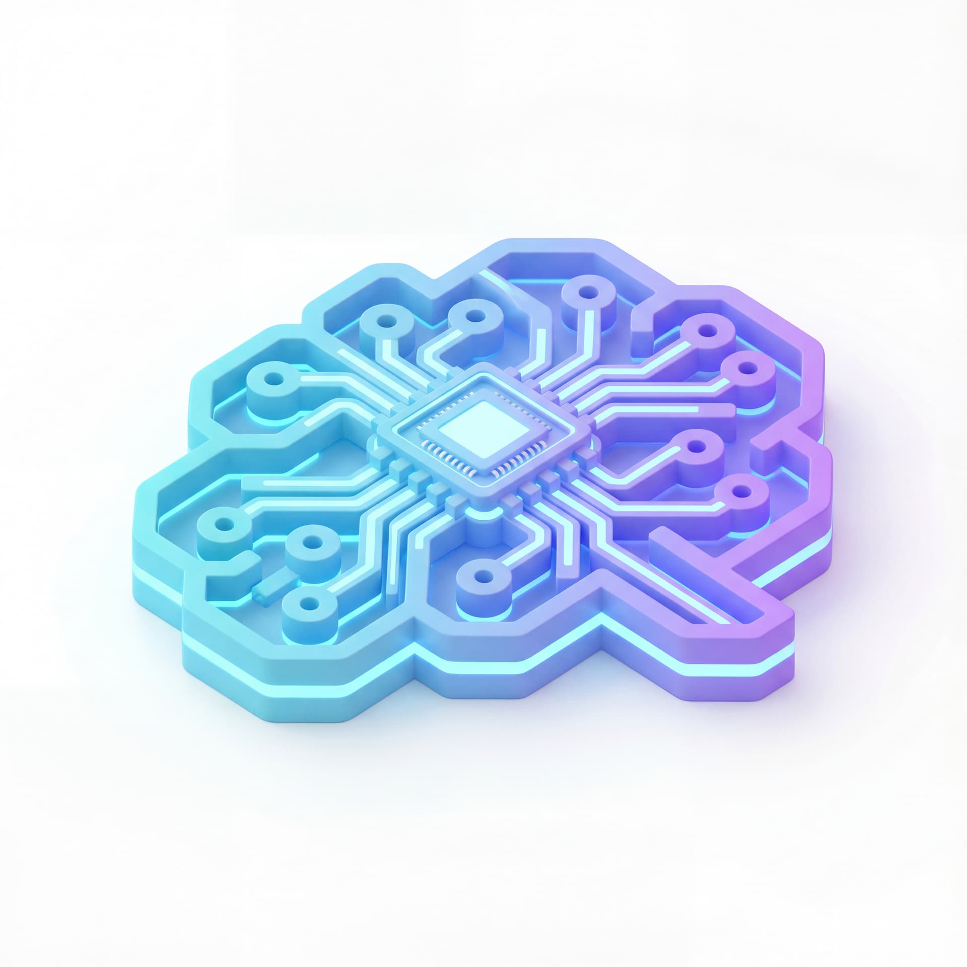 A modern 2D vector UI icon representing "AI Neural Cortex". A stylized geometric brain composed of interconnected glowing circuit nodes and data lines, with a central microchip core. Style: Thick futuristic line art with neon gradient fills (cyan to violet), clean aesthetic, minimal, no complex shadows. Isolated on plain white background. Perfect for tech SaaS branding.