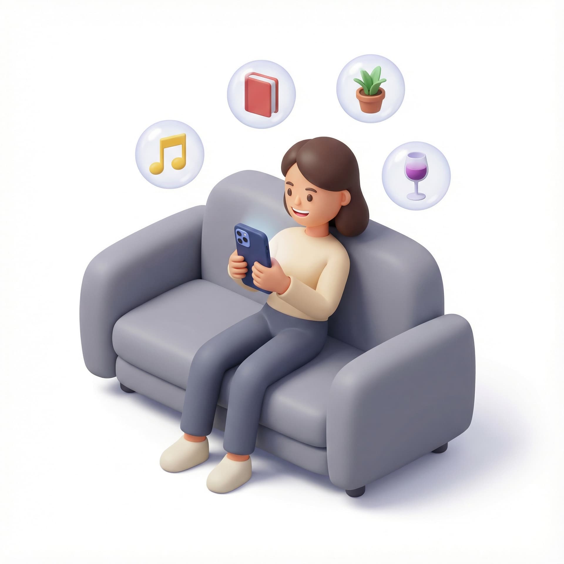 A woman sitting on couch and happily using her smartphone.She has bubbles floating over her head containing several icons such as music note , book, plant and wine glass. pixar aesthetic.
