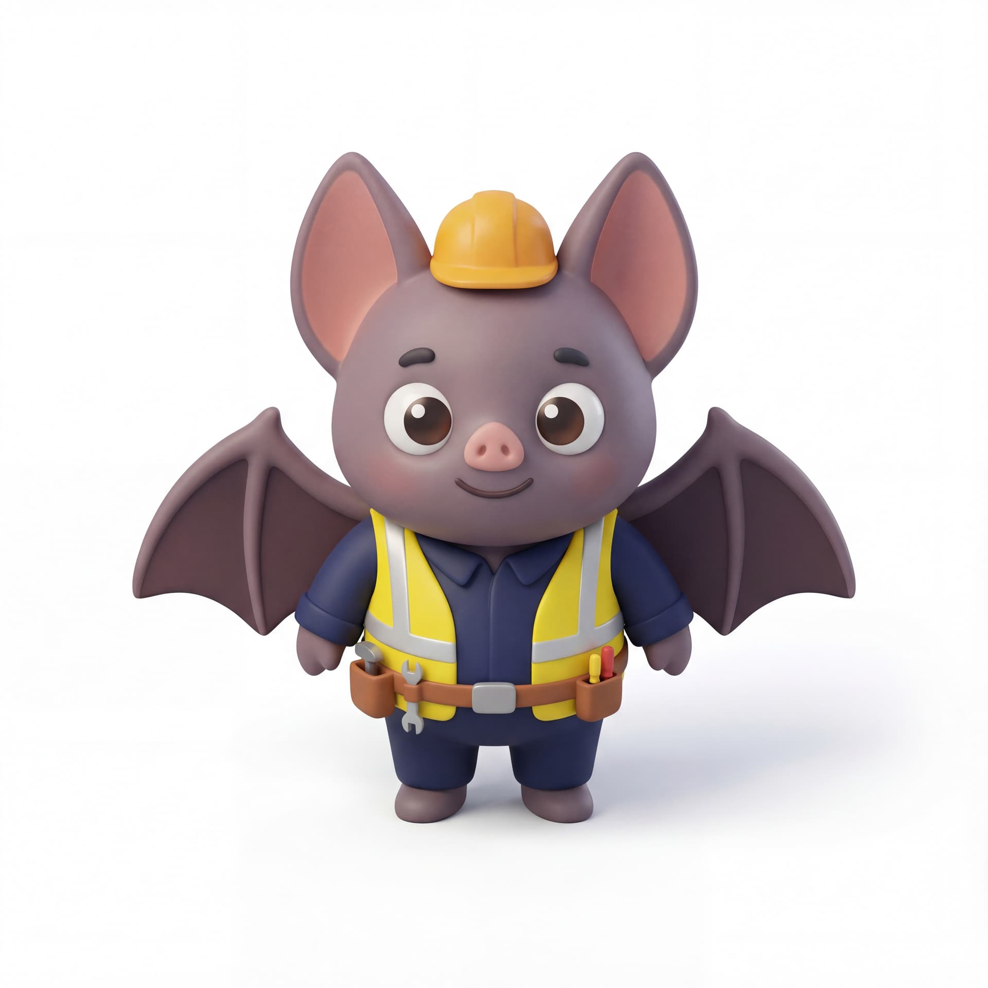 A cute cartoon bat mascot character dressed as a night-shift worker, full body, front-facing, rounded proportions, big expressive eyes, soft shading, friendly neutral smile, centered composition, isolated on a white background.