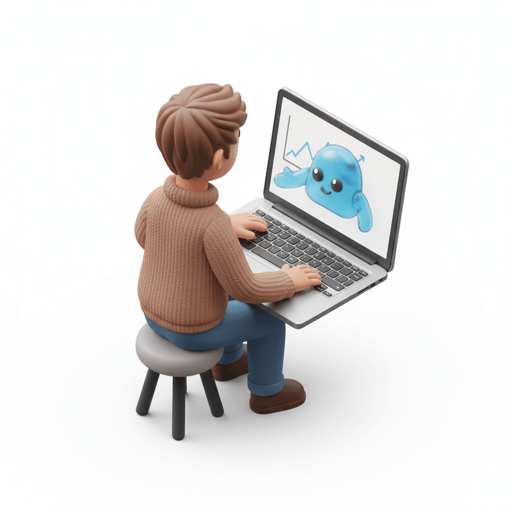 claymation young person using laptop with friendly AI assistant, white background
