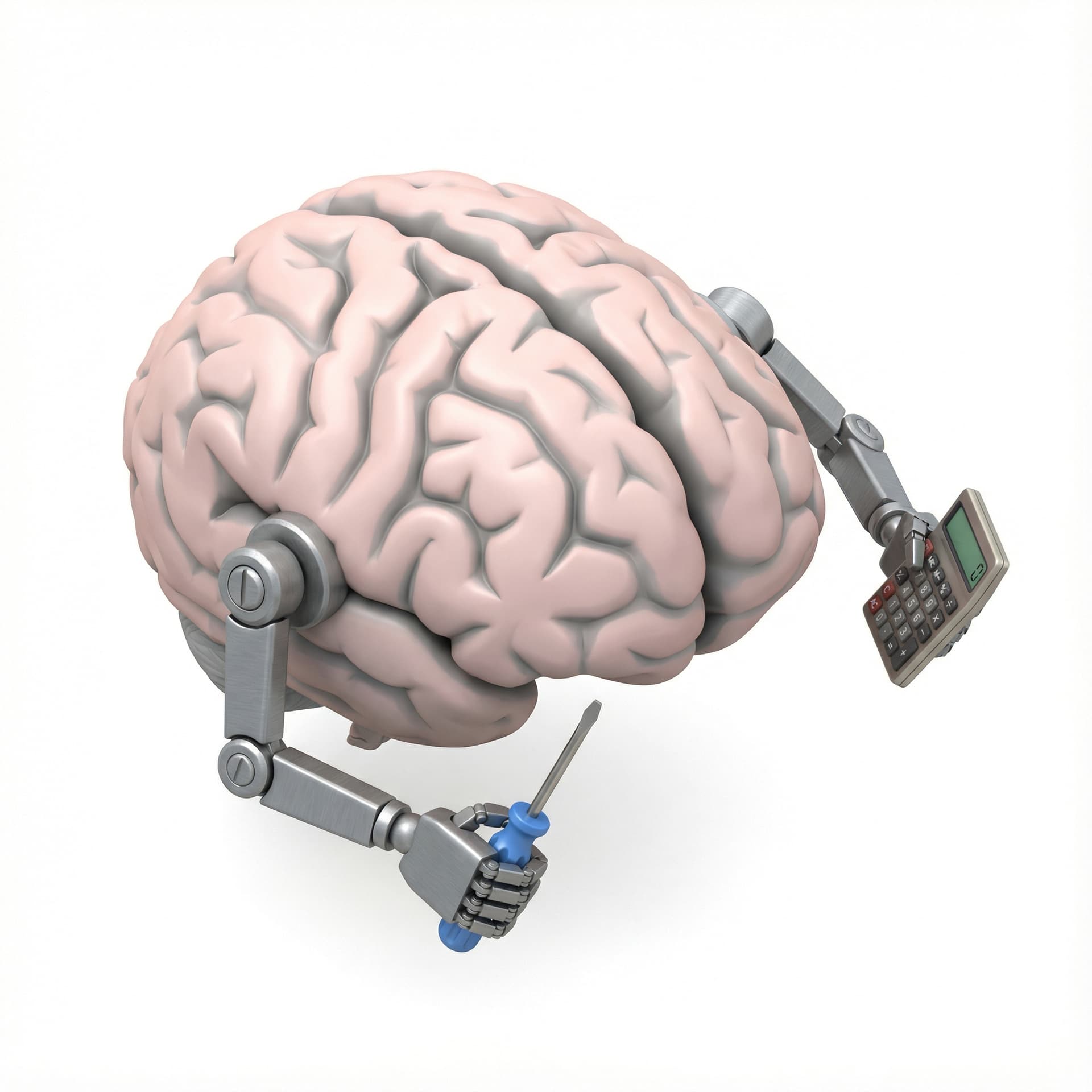 Otak tadi kini memiliki tangan robot yang memegang obeng dan kalkulator.