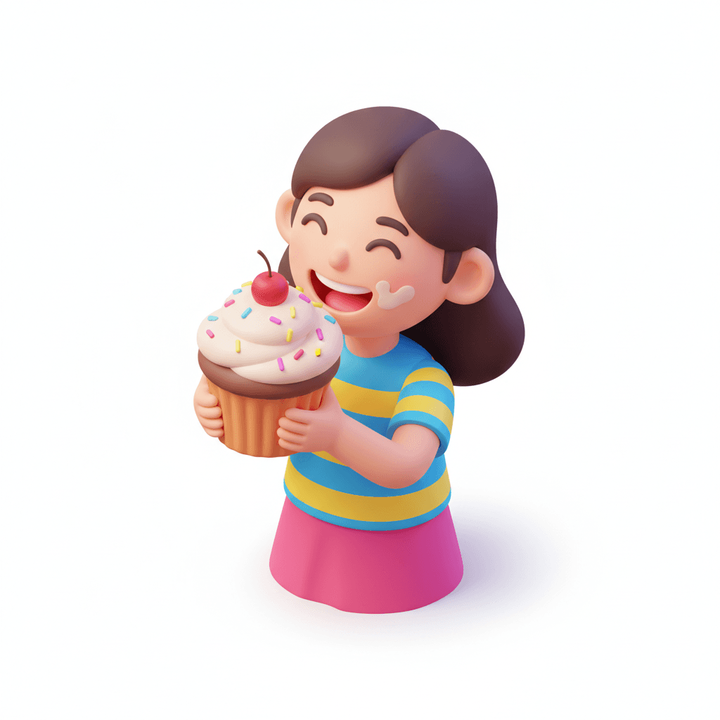 an isometric icon in vibrant style showing a joyful girl eating