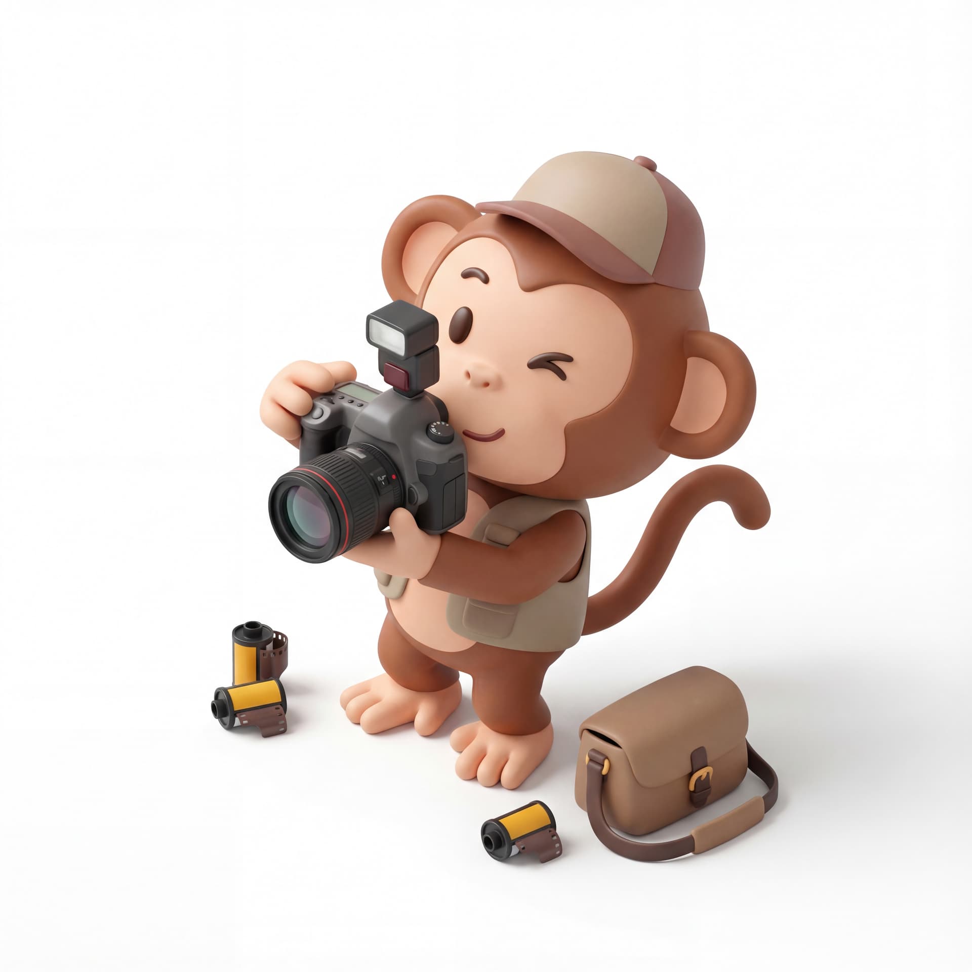A cute cartoon illustration of a monkey photographer holding a camera, playful creative pose, media profession concept, isolated on a white background.