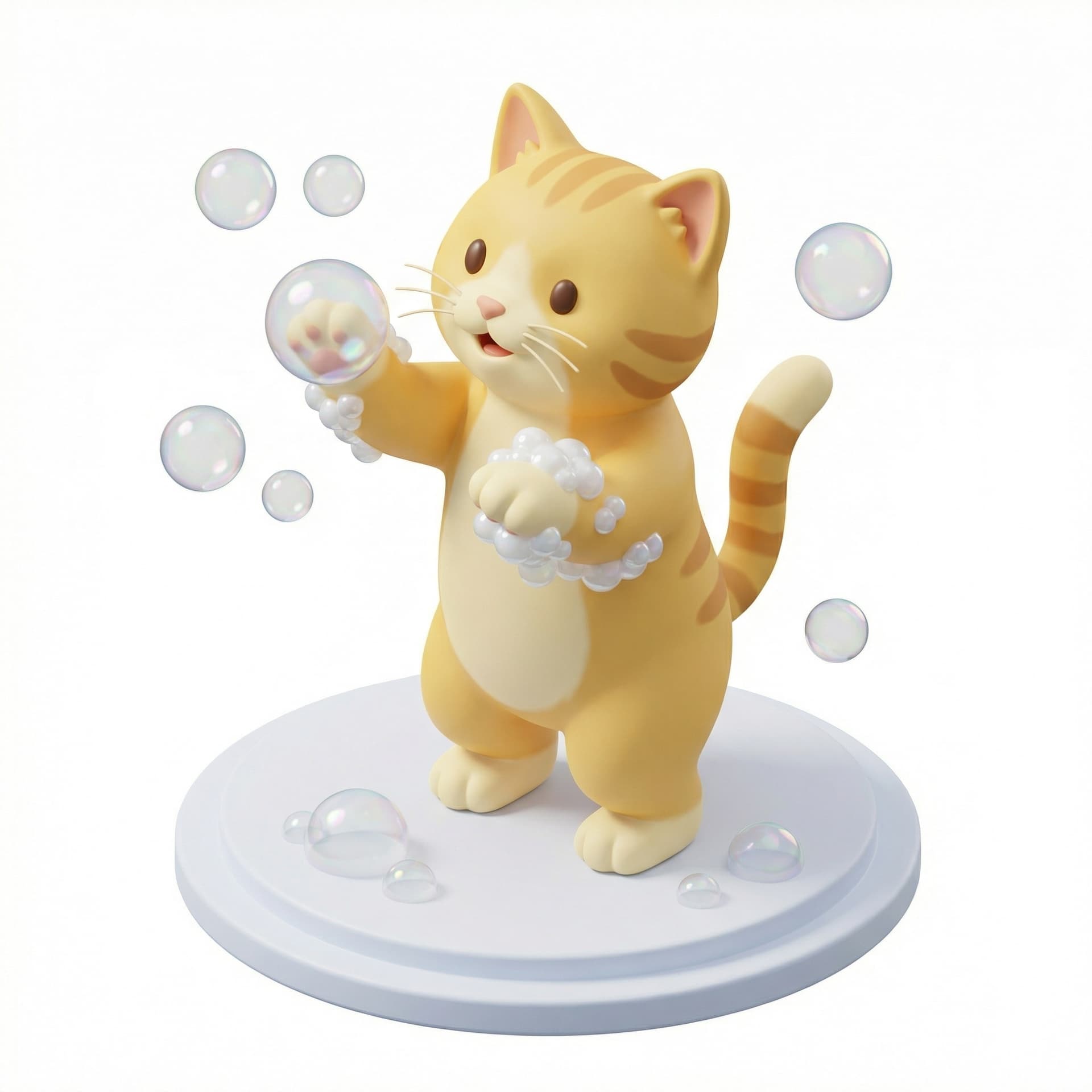 yellow cat playing with bubbled almost standing paws on bubble cute 3d