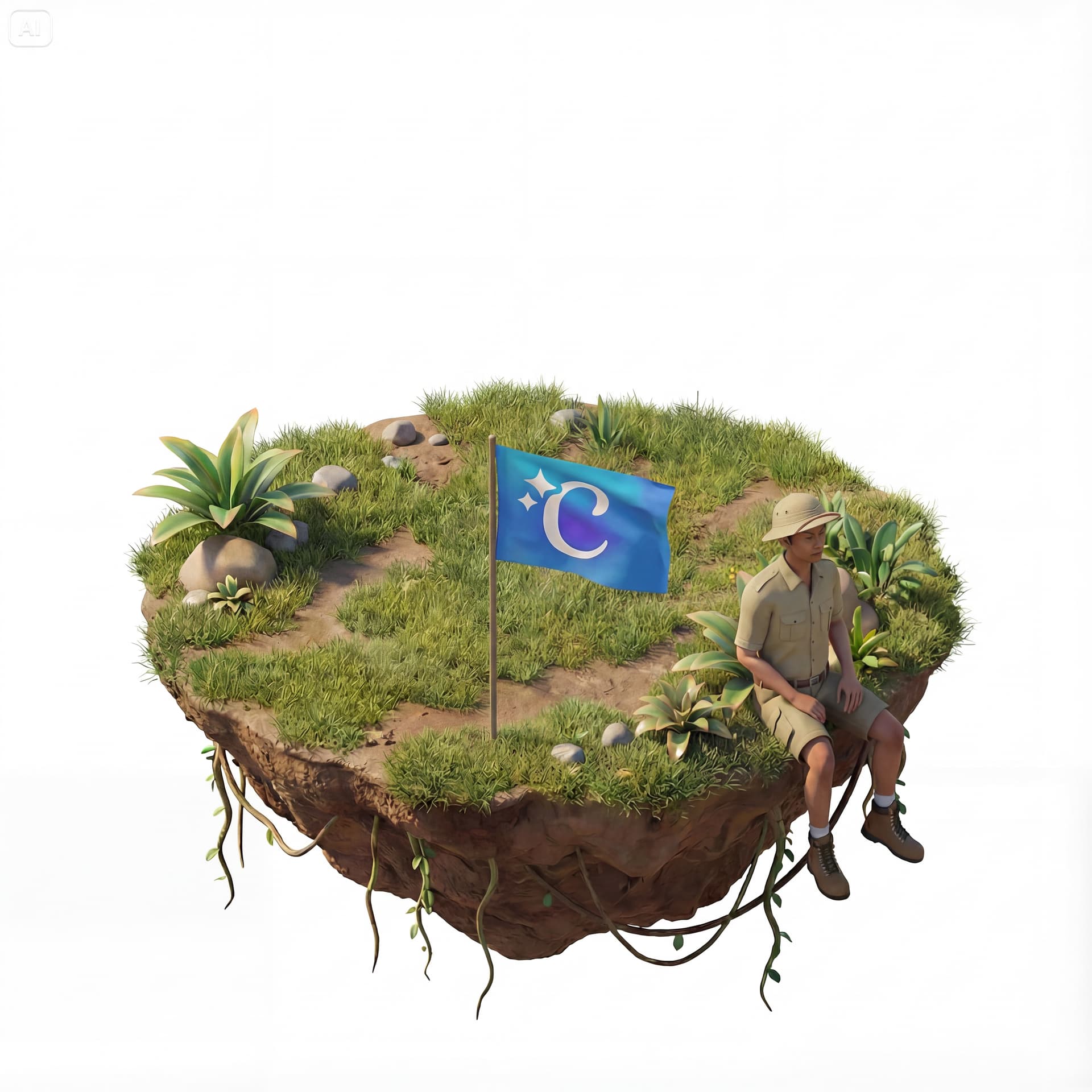 The magnificent Borobudur Temple stands on a floating island, replacing the iconic becak (pedicab). This stunning image, likely a digital painting, captures the intricately carved stone structure surrounded by lush green trees. The detailed carving is exquisite, with smooth textures and vibrant colors that bring this ancient monument to life. The image exudes a sense of tranquility and timelessness, inviting viewers to immerse themselves in its beauty and historical significance. There is a flag with the Canva icon and a young man sitting calmly on the edge of the island.