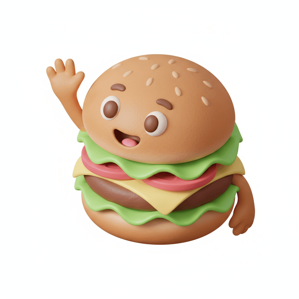 isometric pastel illustration of a smiling burger waving