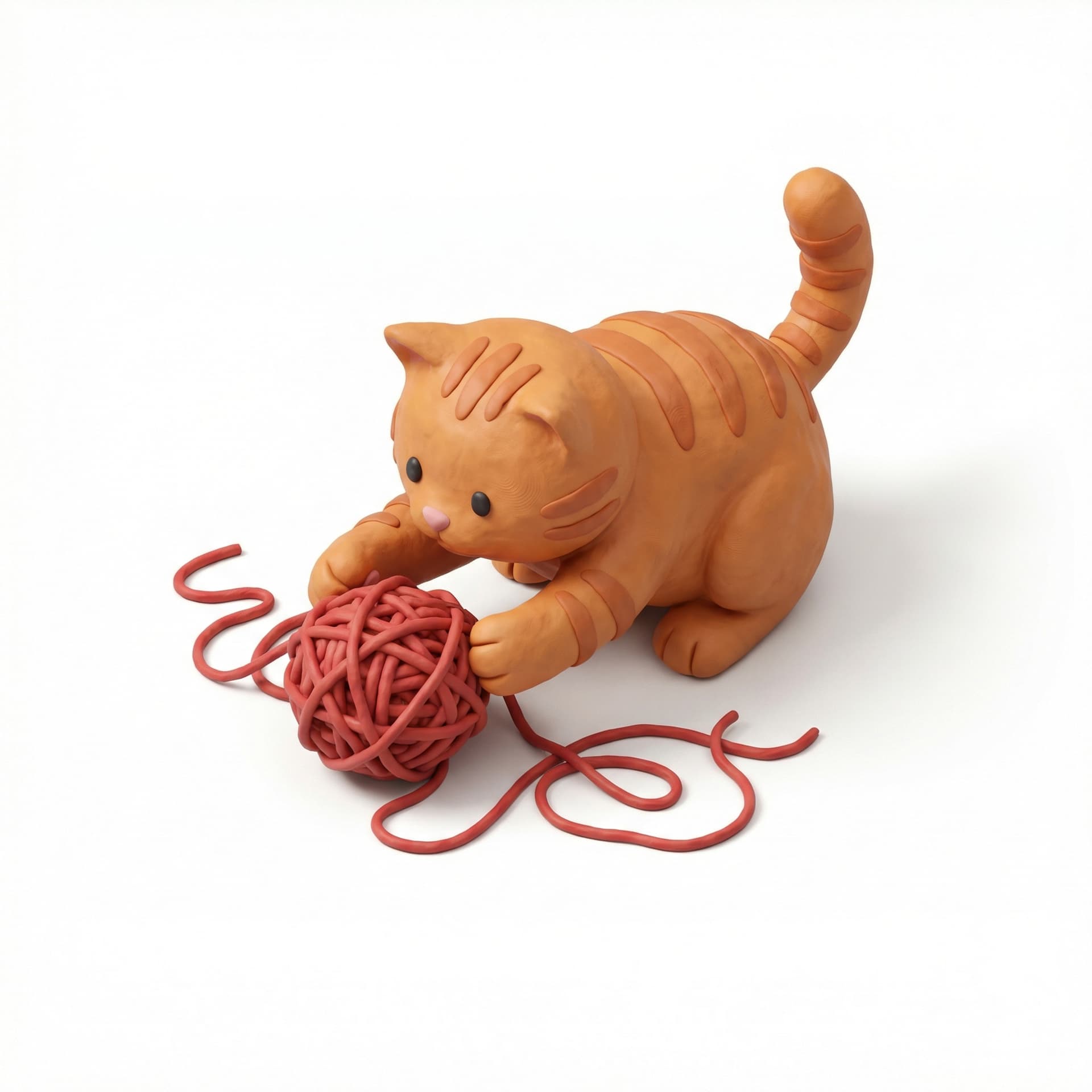 Buatkan animasi kucing bermain dengan benang wool, style nya clay