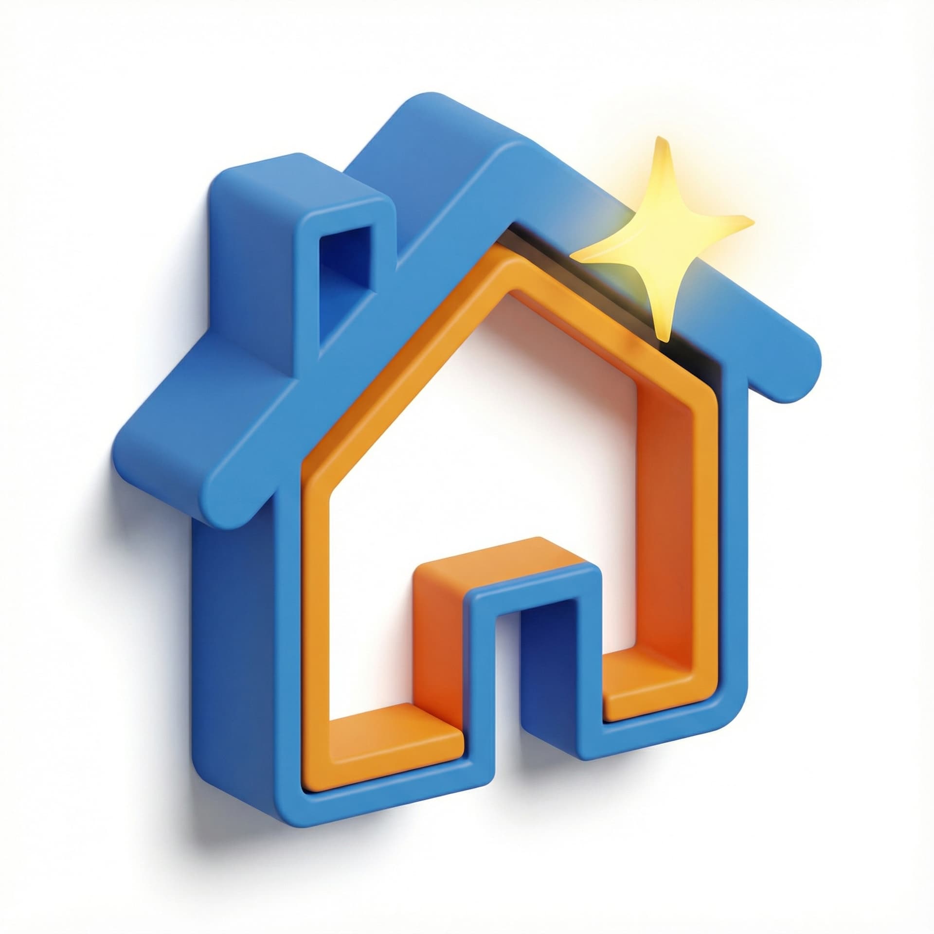 a flat home icon facing forward with a sparkling symbol in yellow color on the right top