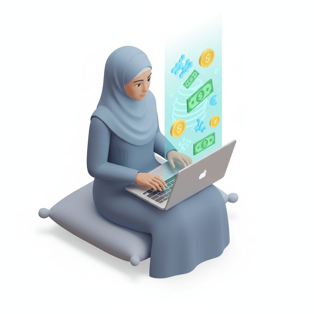 Muslim woman wearing a hijab with a laptop reflecting a hologram image of money