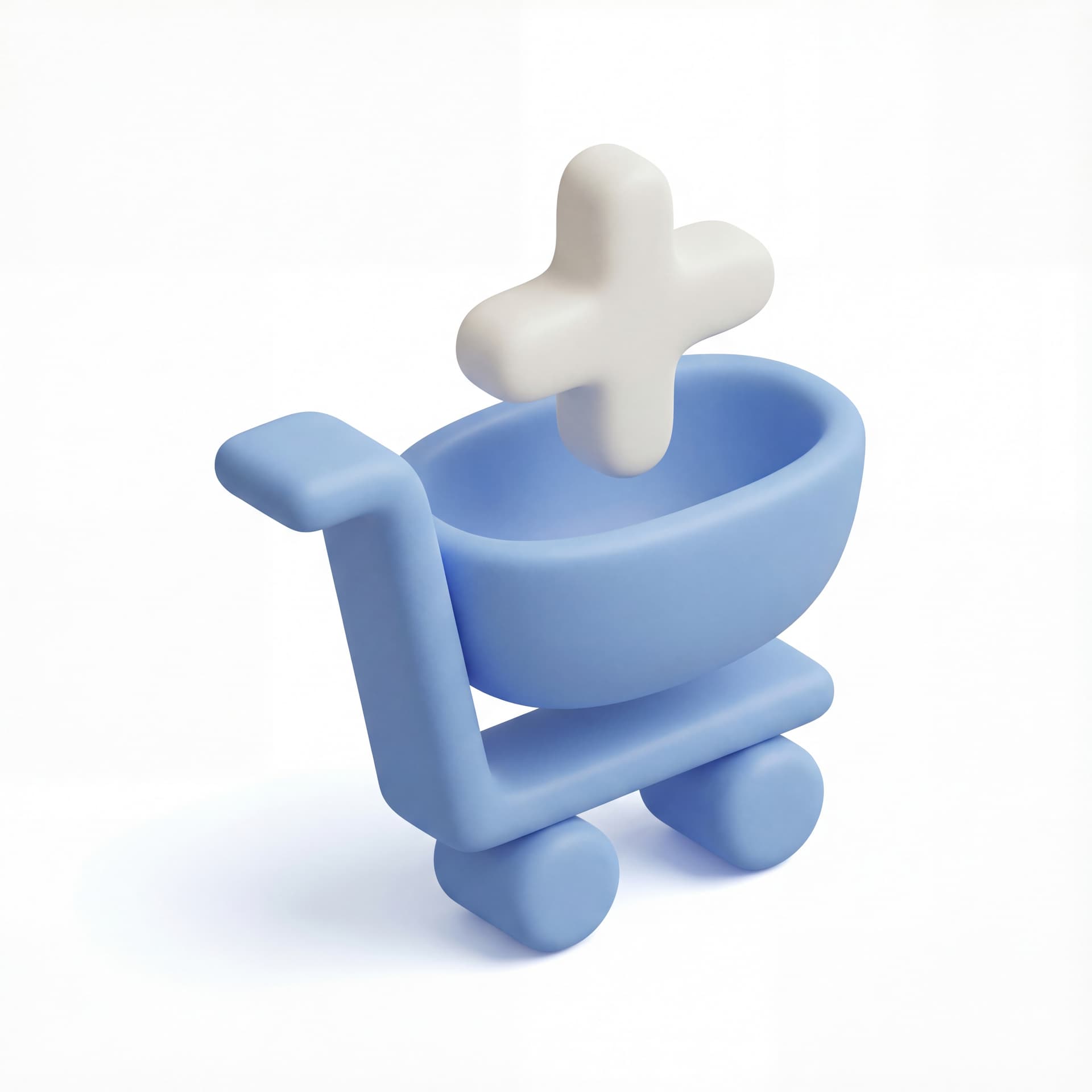 Ikon logo Add to Cart terkait E-commerce dengan style Simplified Product Icon 3D clay minimal tebal membulat detail rendah konsisten pencahayaan lembut bayangan kontak ringan dan warna dasar biru lembut dengan aksen off-white neutral.