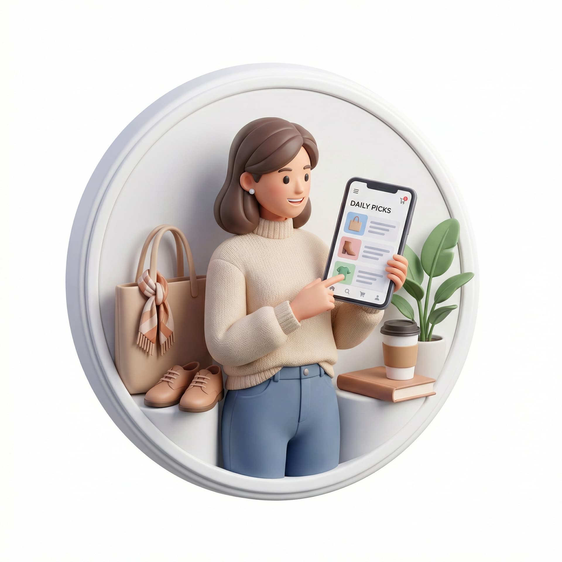 Buat profile picture berisi gambar perempuan dewasa yang memilihkan barang untuk daily picks for shopping. Ini untuk profile picture instagram